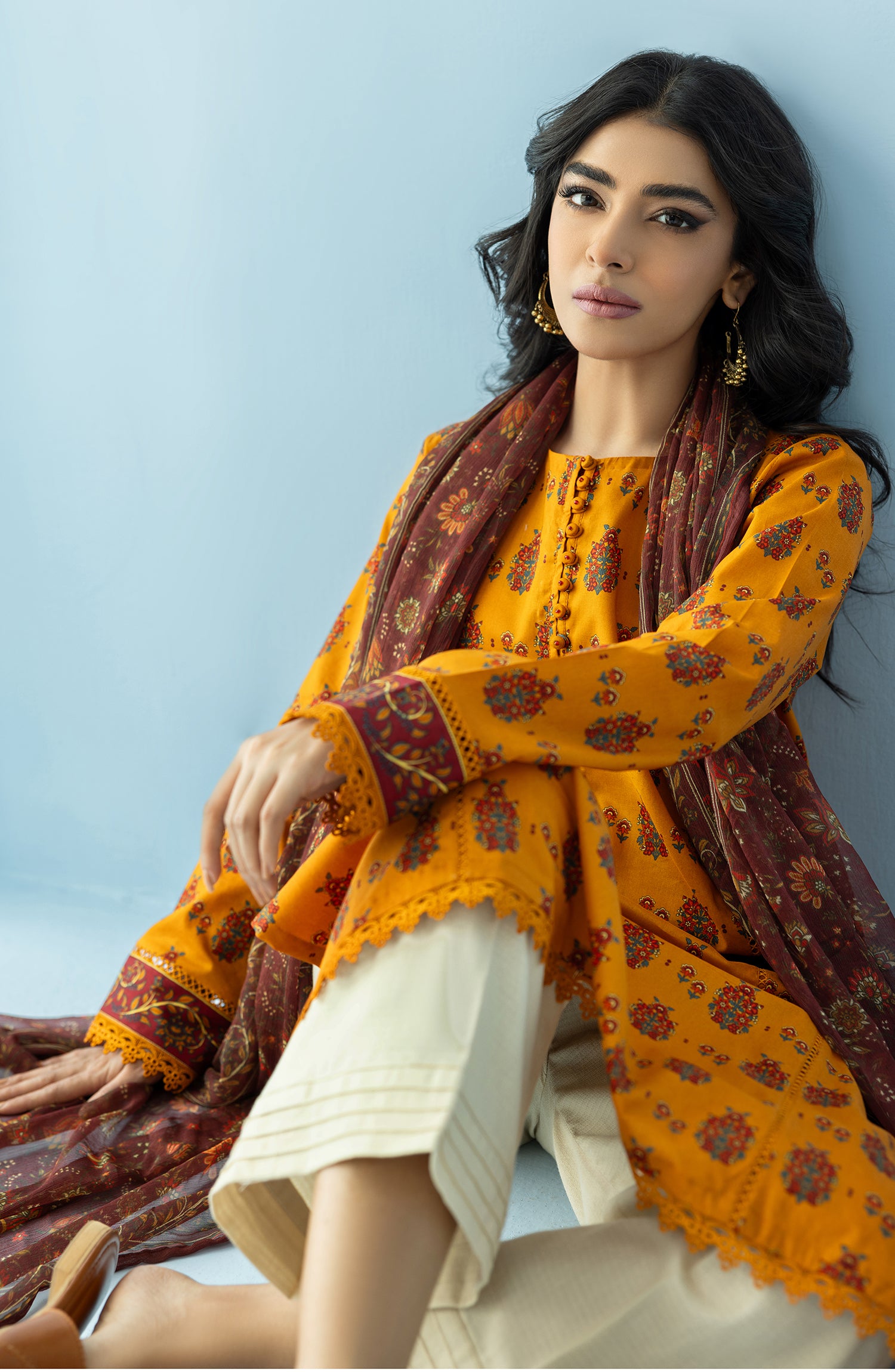 NRDS-24-016/U OCHRE LAWN  UNSTITCHED SHIRT DUPATTA