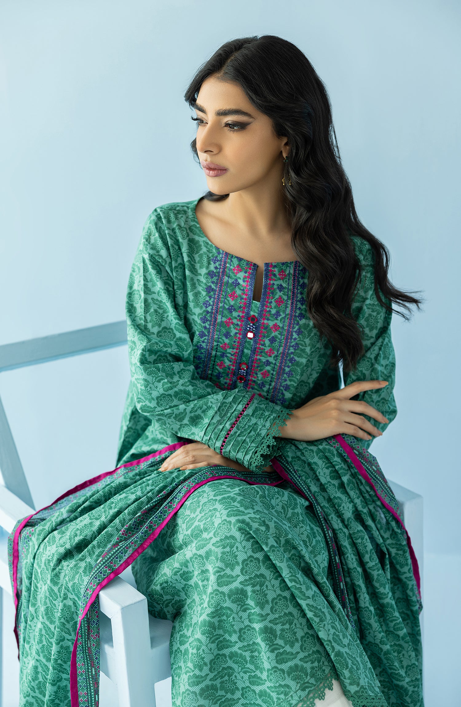 Stitched 2 Piece Printed Embroidered Lawn Shirt and Lawn Dupatta (NRDS-24-031/S GREEN)