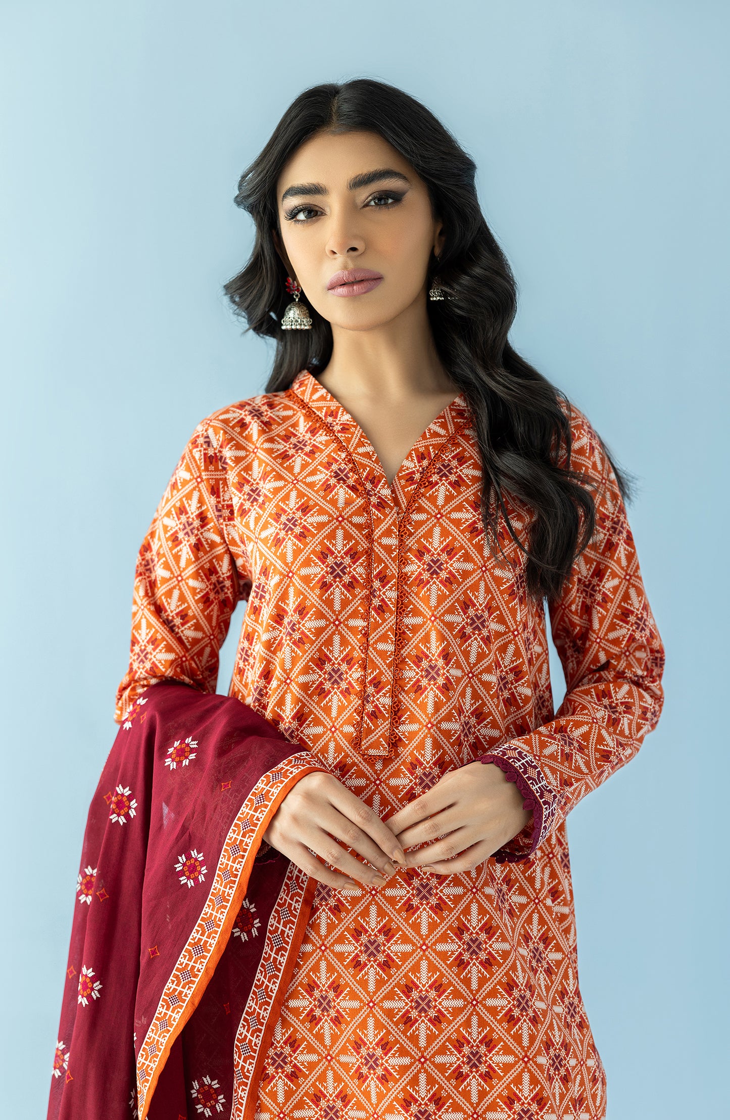 Stitched 2 Piece Printed Lawn Shirt and Lawn Dupatta (NRDS-24-033/S RUST)