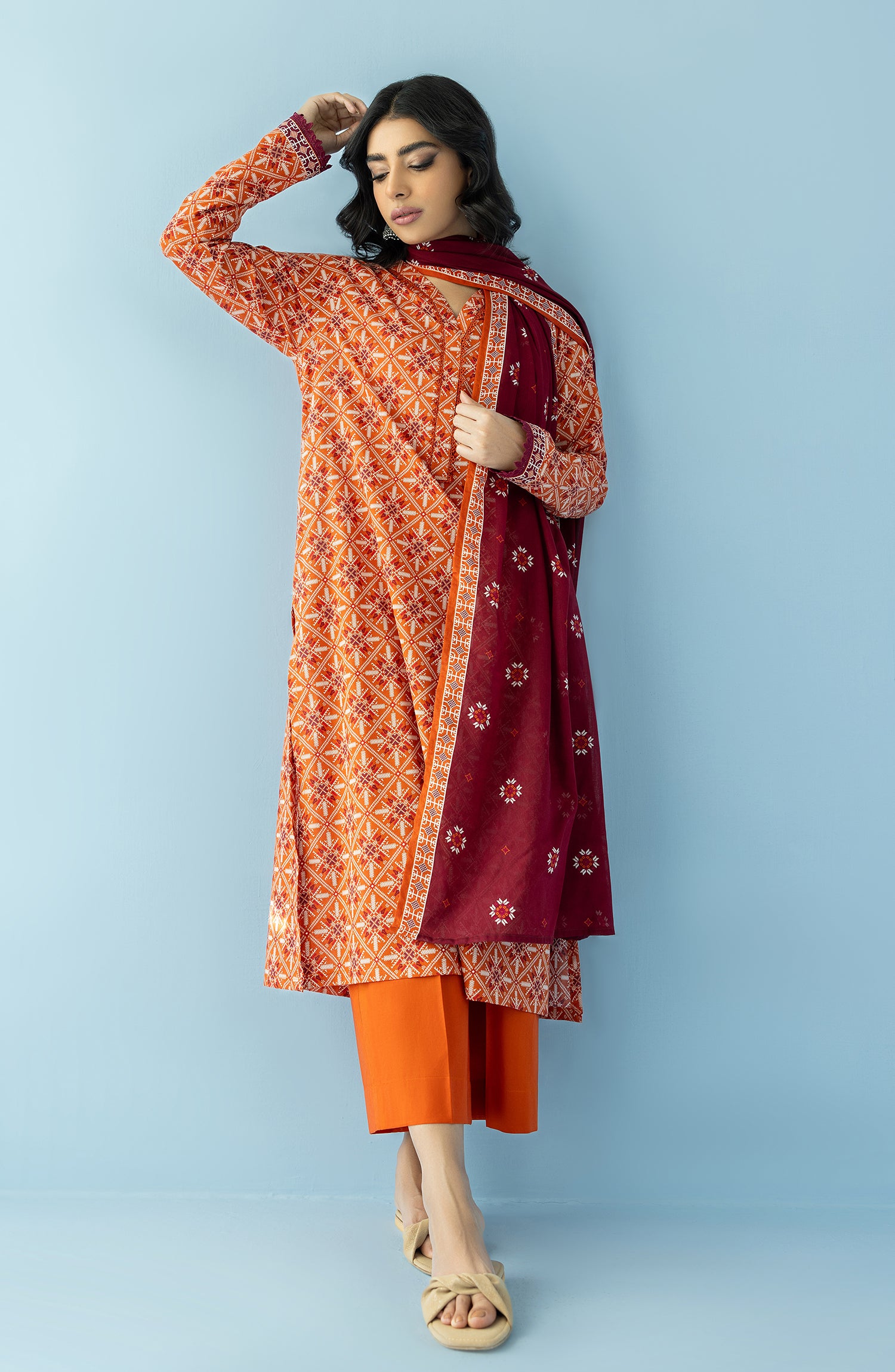 Stitched 2 Piece Printed Lawn Shirt and Lawn Dupatta (NRDS-24-033/S RUST)