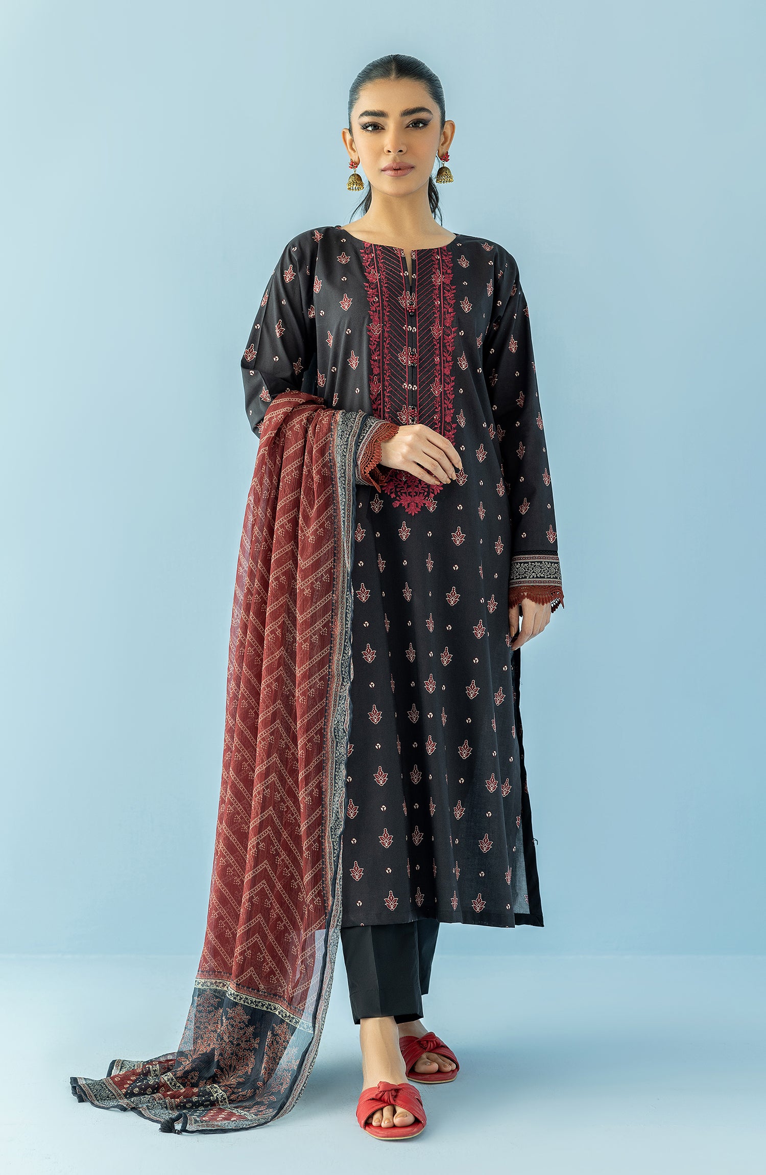 Stitched 3 Piece Printed Embroidered Lawn Shirt , Cambric Pant and Chiffon Dupatta