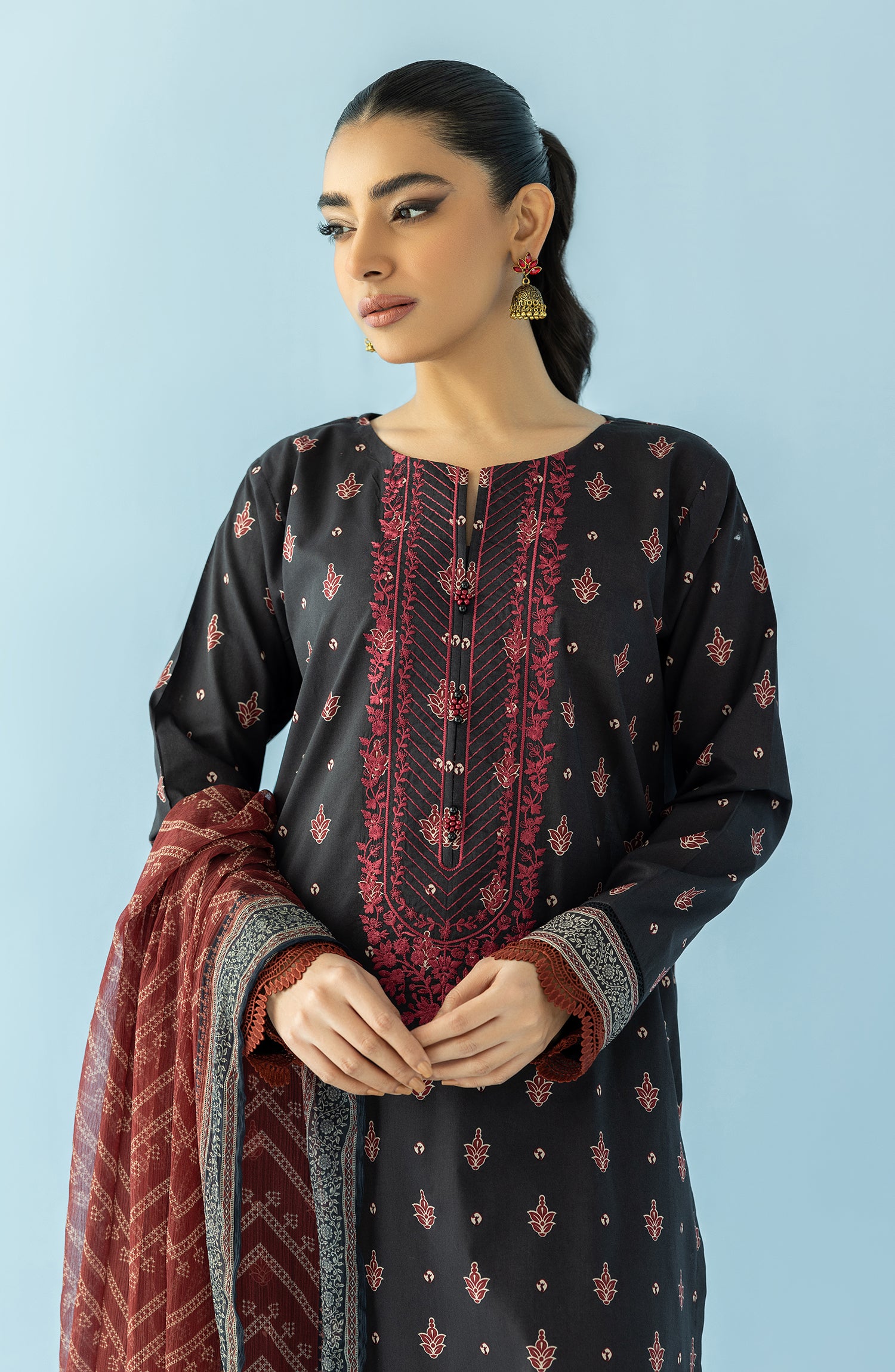 Stitched 3 Piece Printed Embroidered Lawn Shirt , Cambric Pant and Chiffon Dupatta (OTL-24-045/S BLACK)