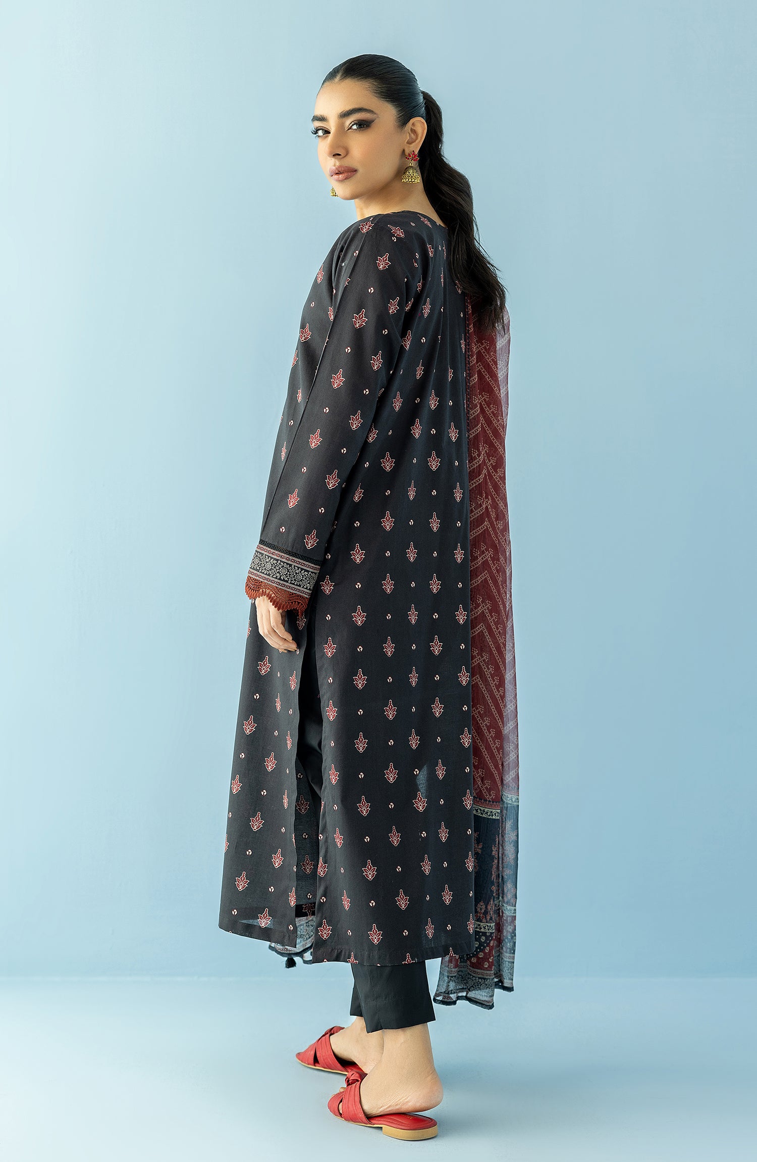 Stitched 3 Piece Printed Embroidered Lawn Shirt , Cambric Pant and Chiffon Dupatta (OTL-24-045/S BLACK)