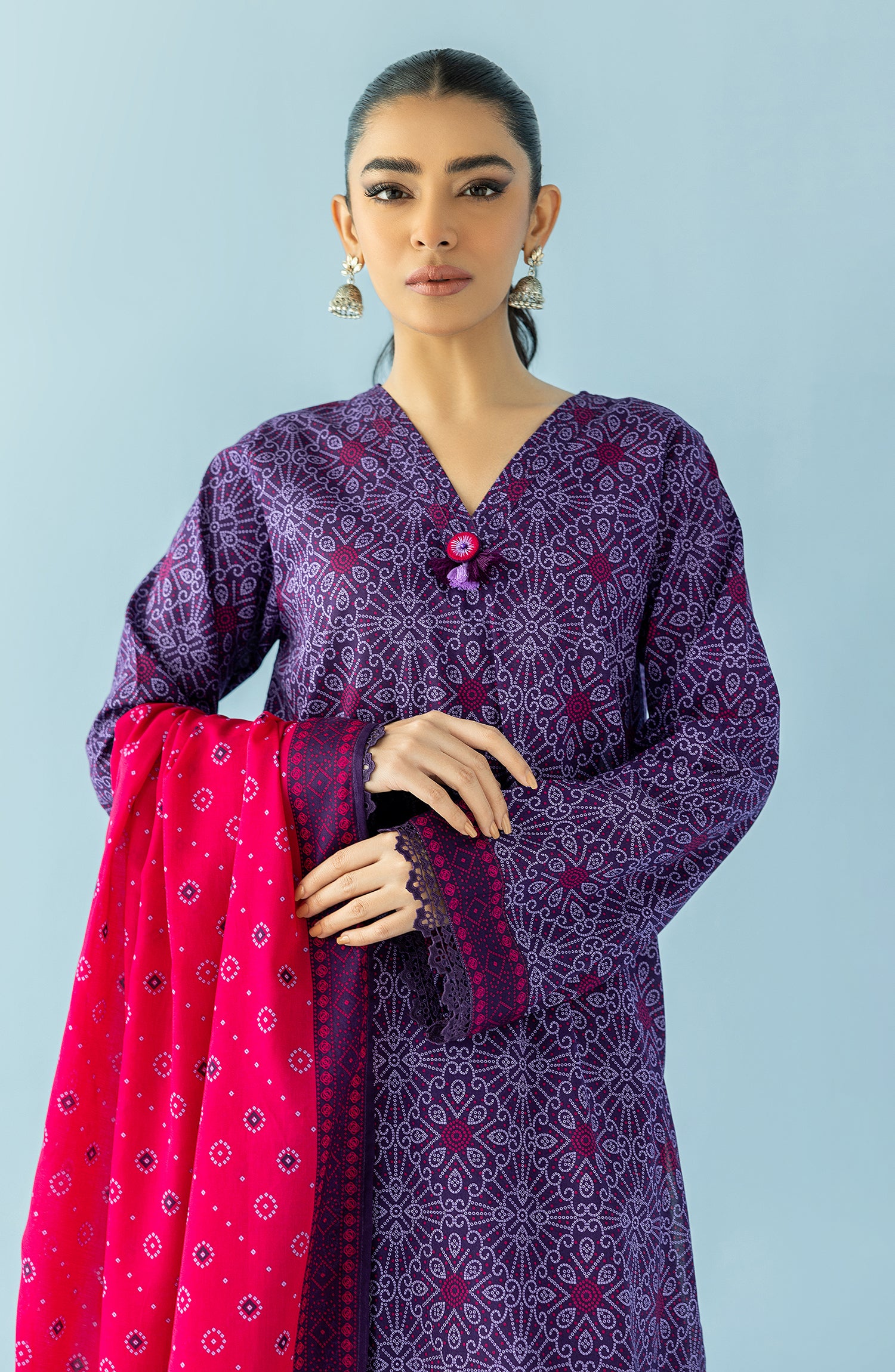 Stitched 3 Piece Printed Lawn Shirt , Cambric Pant and Lawn Dupatta (OTL-24-048/S PURPLE)