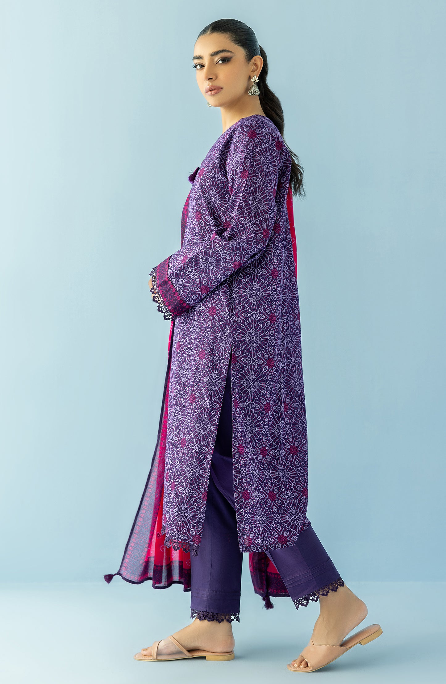 Stitched 3 Piece Printed Lawn Shirt , Cambric Pant and Lawn Dupatta (OTL-24-048/S PURPLE)