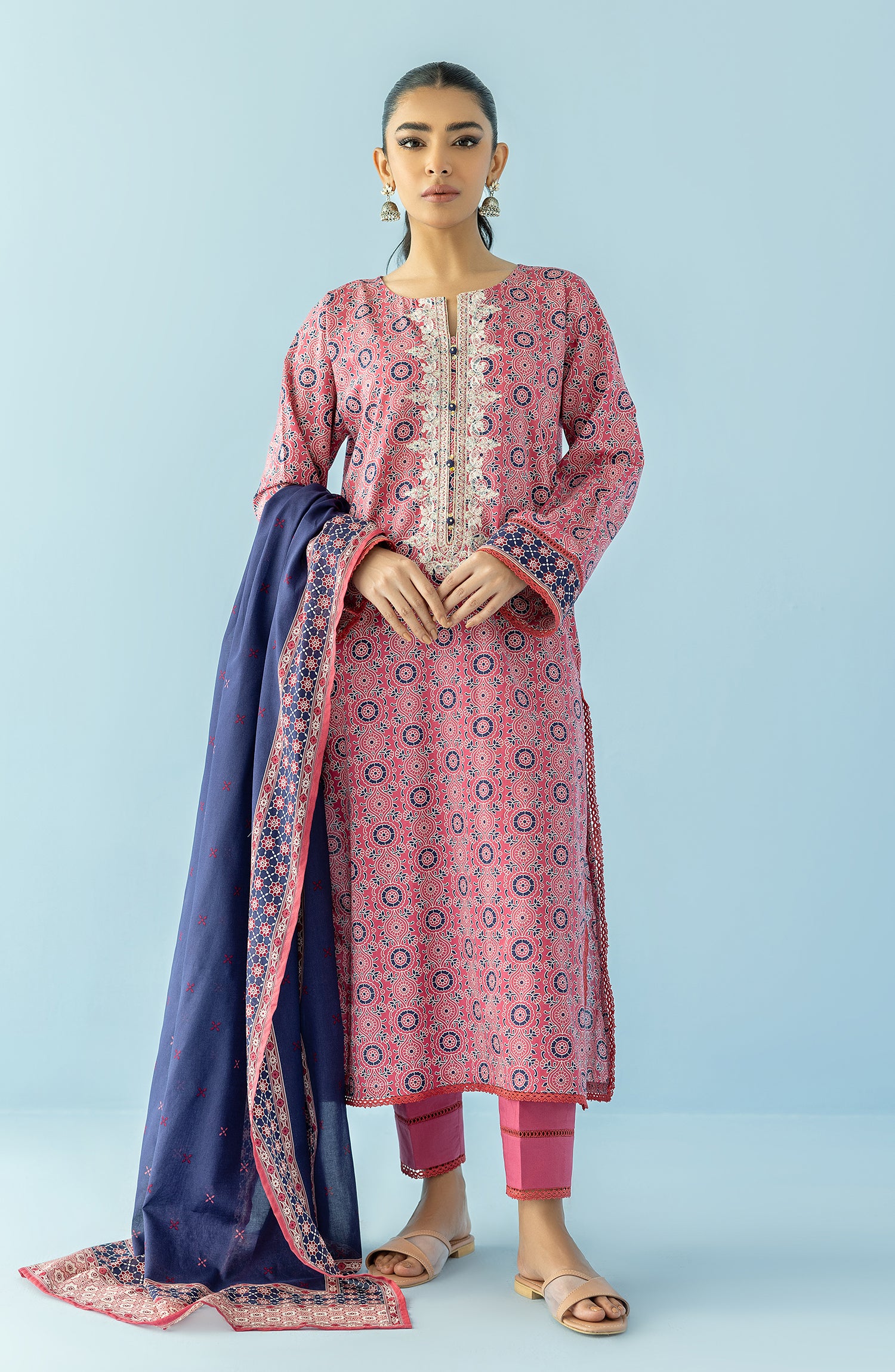 Stitched 3 Piece Printed Embroidered Lawn Shirt , Cambric Pant and Lawn Dupatta (OTL-24-020/S RED)
