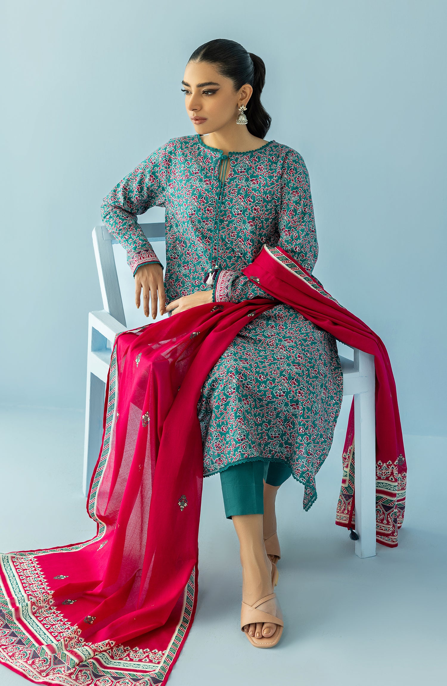 Stitched 3 Piece Printed Lawn Shirt , Cambric Pant and Lawn Dupatta (OTL-24-012/S GREEN)