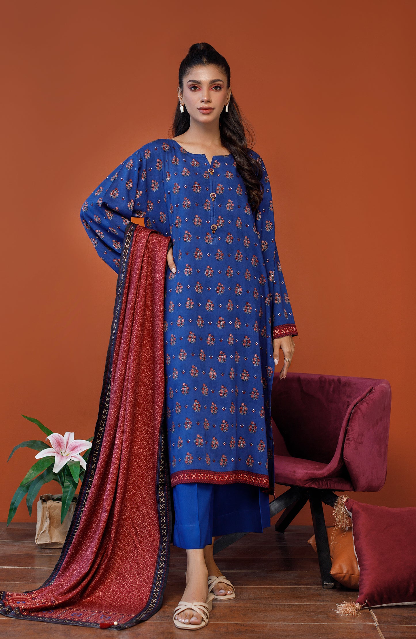 OTL-23-247/U BLUE LINEN Women UNSTITCHED SHIRT DUPATTA PANTS