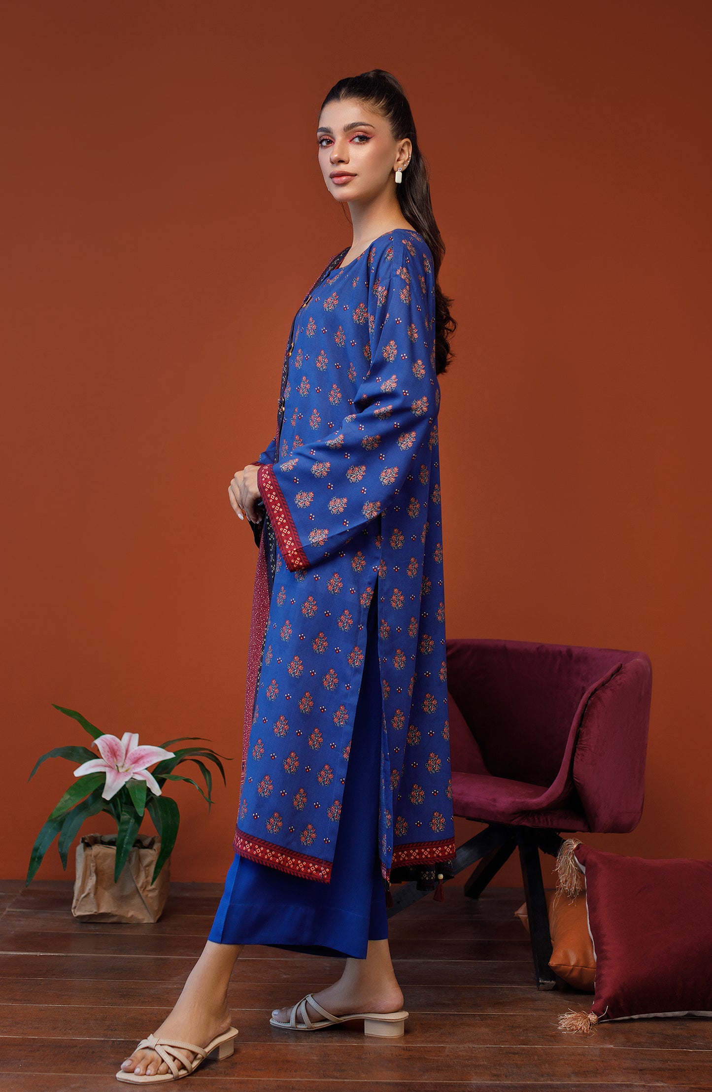 OTL-23-247/U BLUE LINEN Women UNSTITCHED SHIRT DUPATTA PANTS