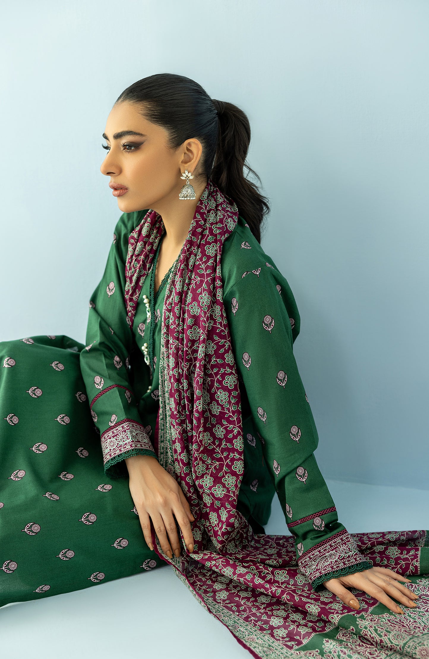 Stitched 3 Piece Printed Lawn Shirt , Cambric Pant and Lawn Dupatta (OTL-24-077/S GREEN)