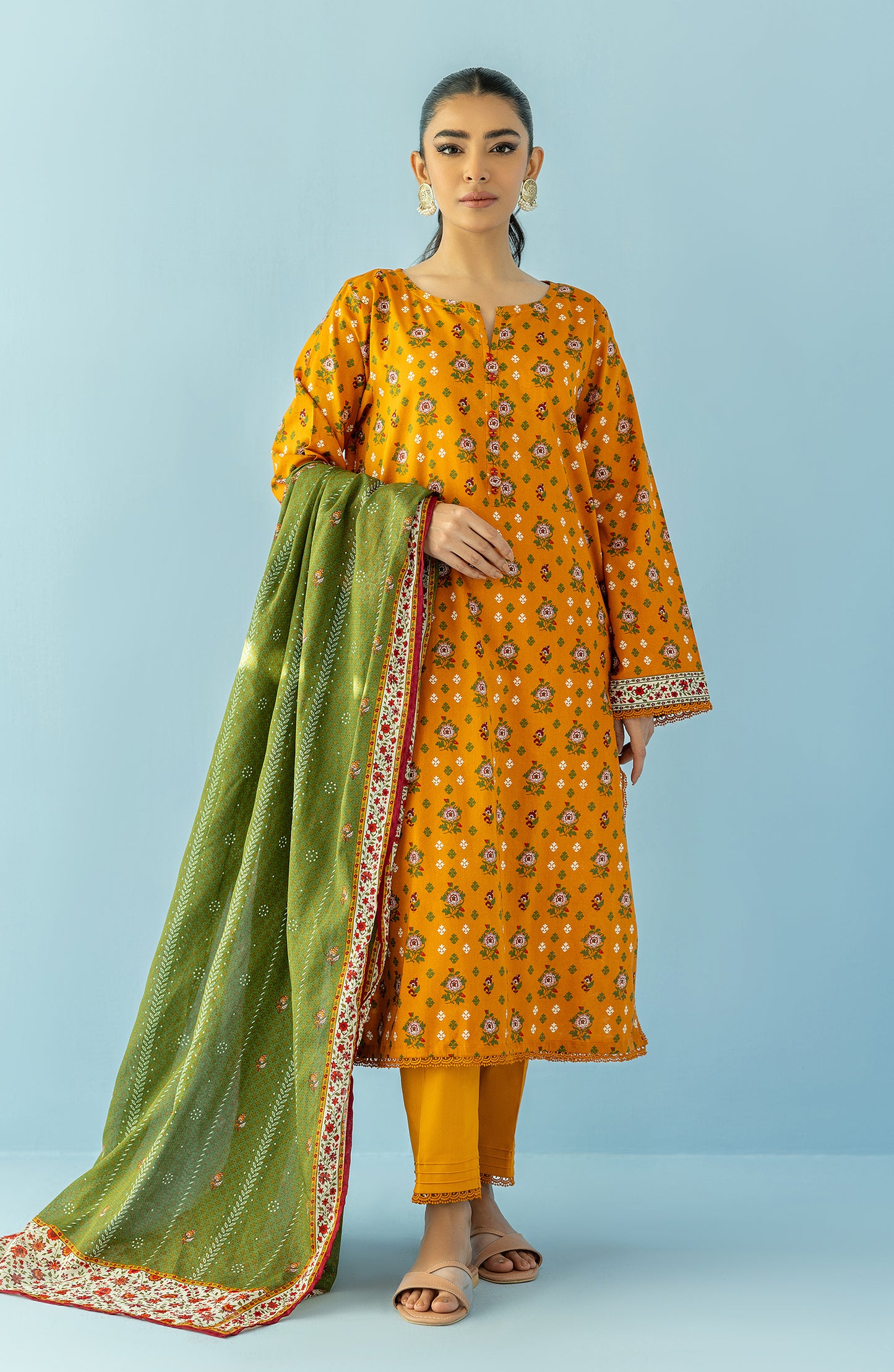 Stitched 3 Piece Printed Lawn Shirt , Cambric Pant and Lawn Dupatta (OTL-24-095/S OCHRE)
