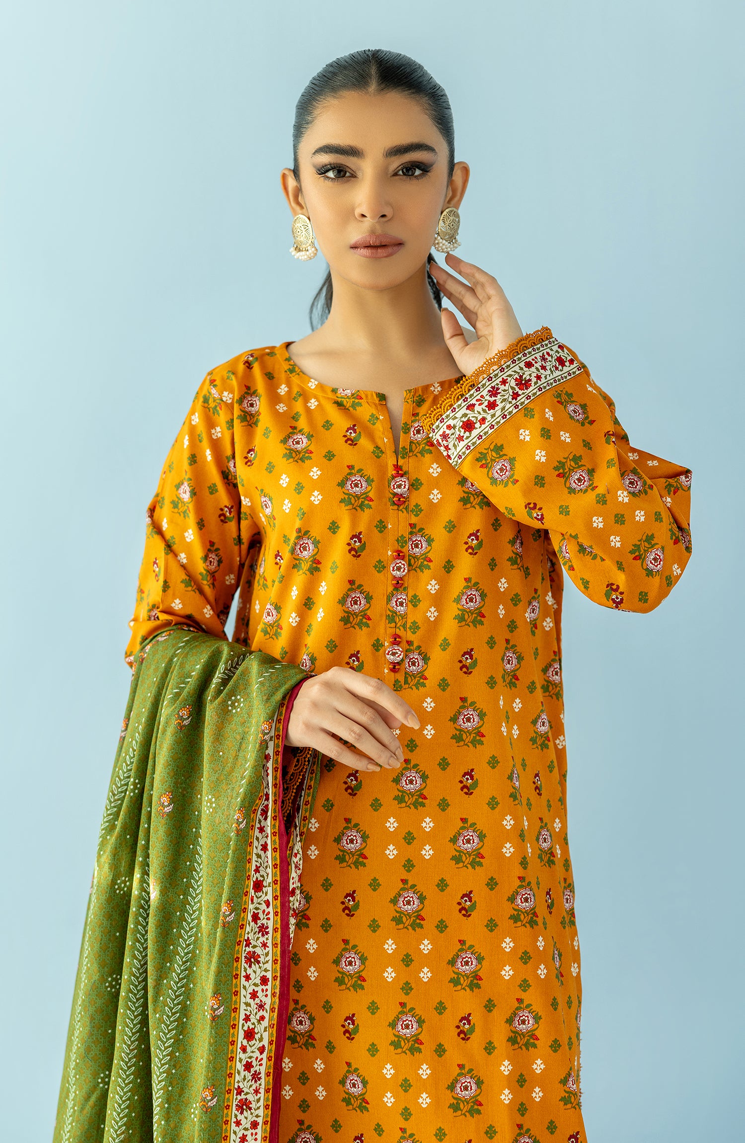 Stitched 3 Piece Printed Lawn Shirt , Cambric Pant and Lawn Dupatta (OTL-24-095/S OCHRE)