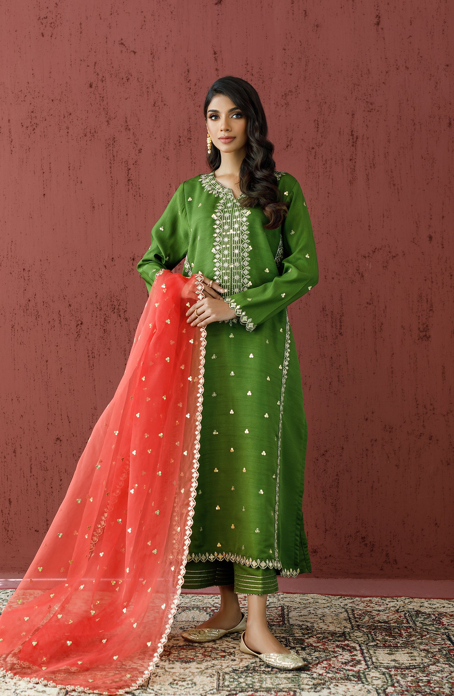 Stitched 3 Piece Embroidered Raw Silk Shirt , Raw Silk Pant and Organza Dupatta (WRFR23W-3013)