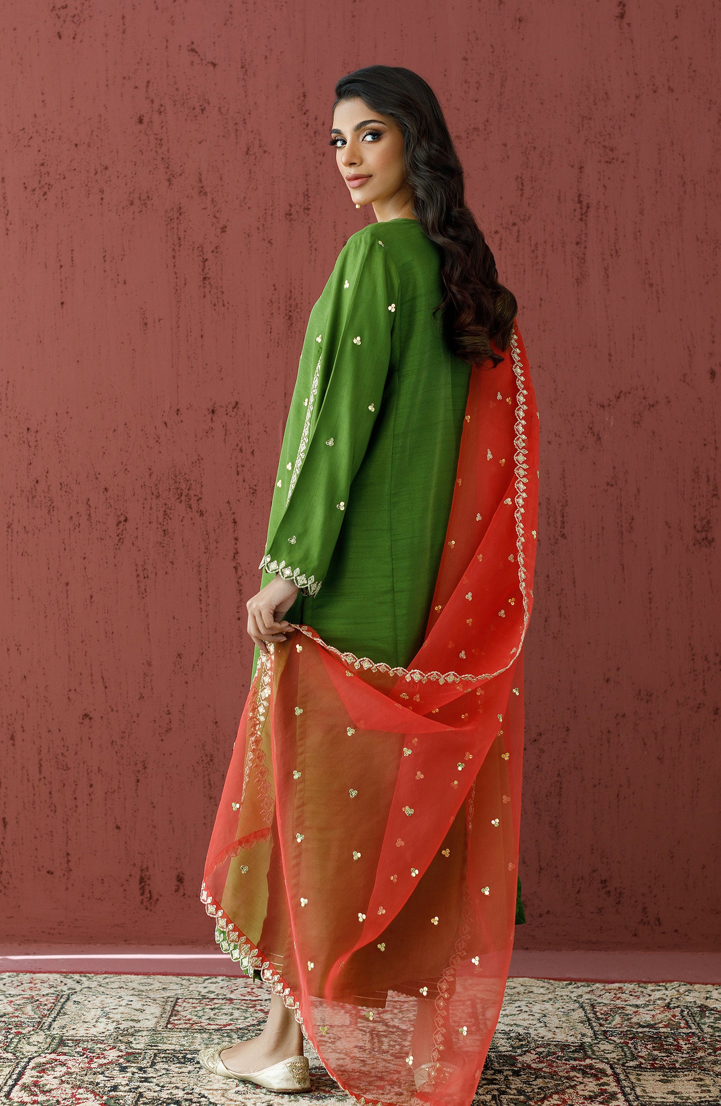 Stitched 3 Piece Embroidered Raw Silk Shirt , Raw Silk Pant and Organza Dupatta (WRFR23W-3013)