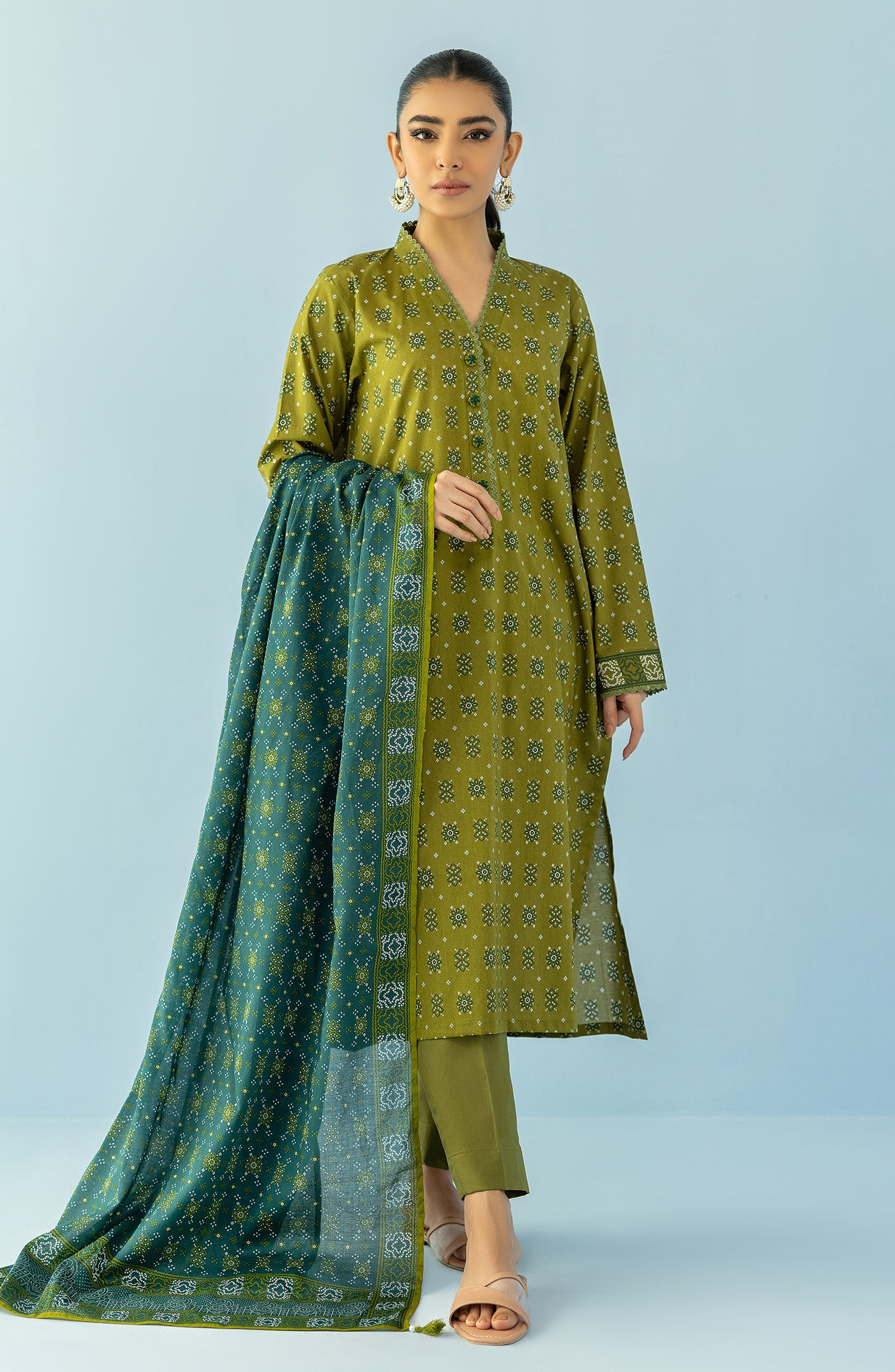 Stitched 3 Piece Printed Lawn Shirt , Cambric Pant and Lawn Dupatta (OTL-24-060/S GREEN)