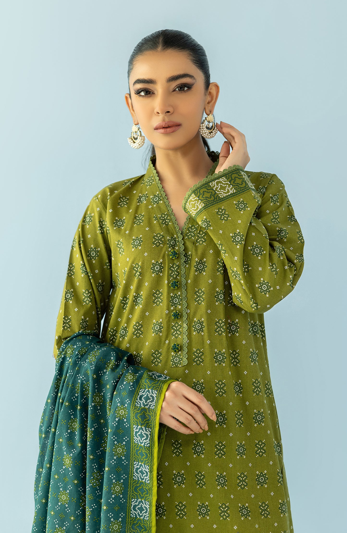 Stitched 3 Piece Printed Lawn Shirt , Cambric Pant and Lawn Dupatta (OTL-24-060/S GREEN)