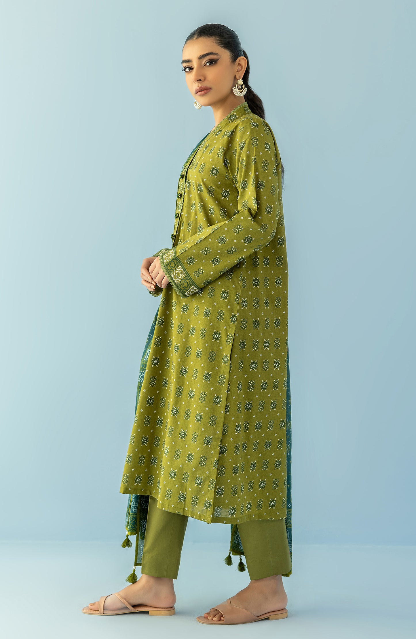 Stitched 3 Piece Printed Lawn Shirt , Cambric Pant and Lawn Dupatta (OTL-24-060/S GREEN)