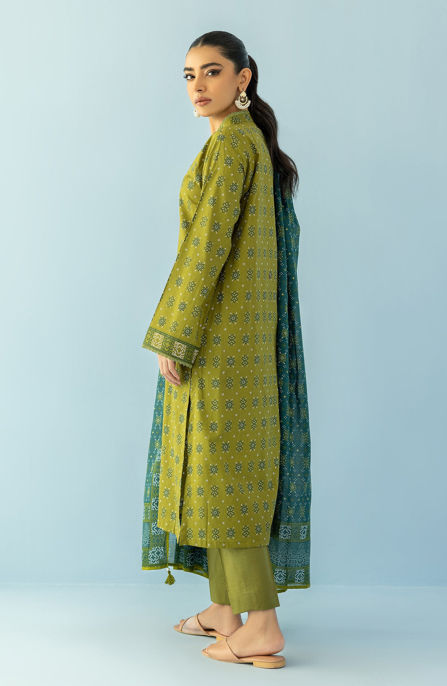 Stitched 3 Piece Printed Lawn Shirt , Cambric Pant and Lawn Dupatta (OTL-24-060/S GREEN)