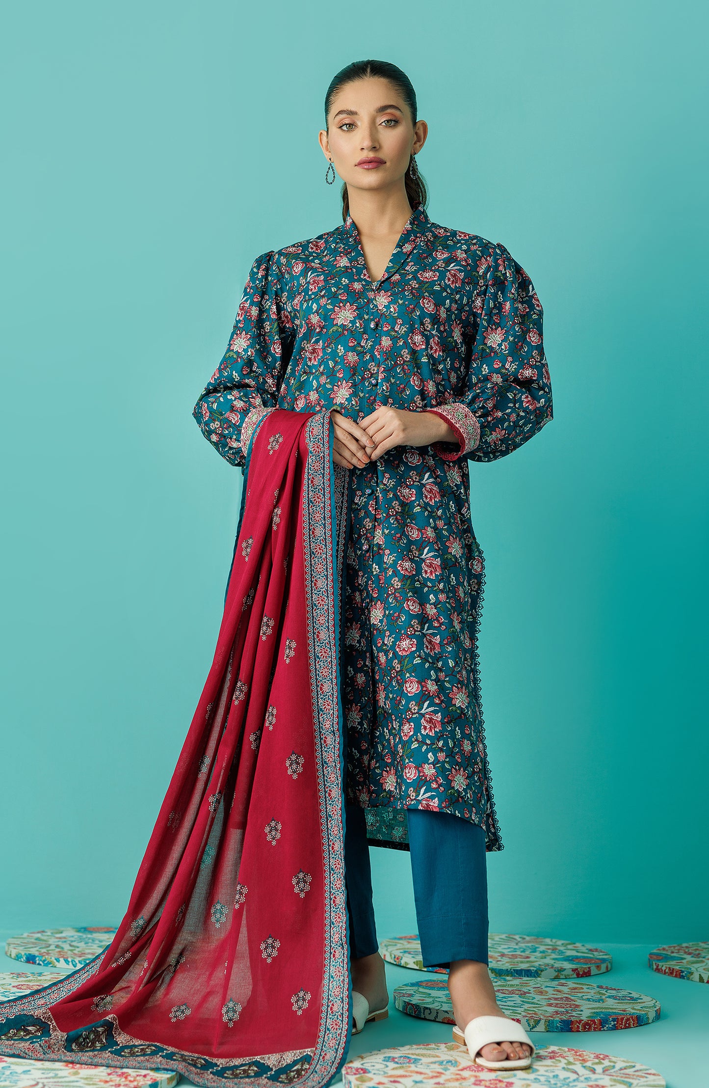 Unstitched 3 Piece Printed Lawn Shirt , Cambric Pant and Lawn Dupatta (OTL-24-079/U TEAL)