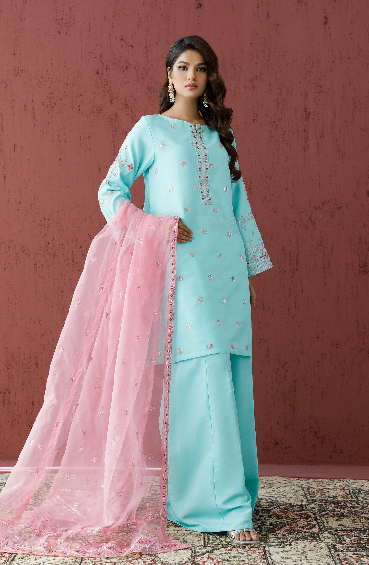 Stitched 3 Piece Embroidered Raw Silk Shirt , Raw Silk Pant and Organza Dupatta (WRFR23W-3011)