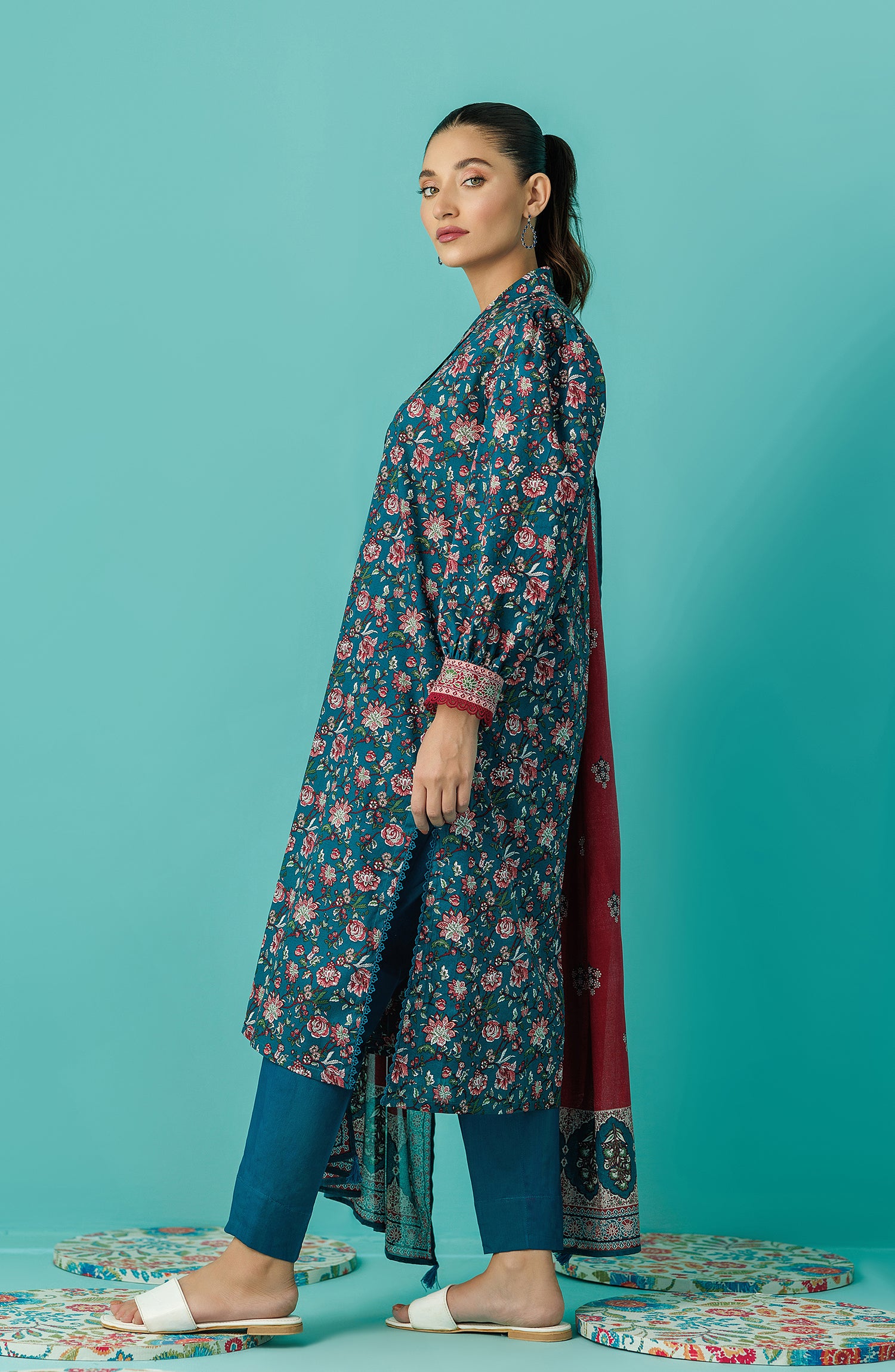 Unstitched 3 Piece Printed Lawn Shirt , Cambric Pant and Lawn Dupatta (OTL-24-079/U TEAL)