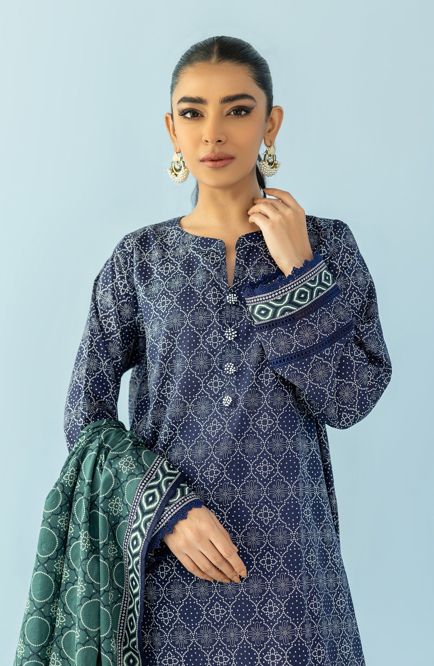 Stitched 3 Piece Printed Lawn Shirt , Cambric Pant and Lawn Dupatta (OTL-24-065/S BLUE)