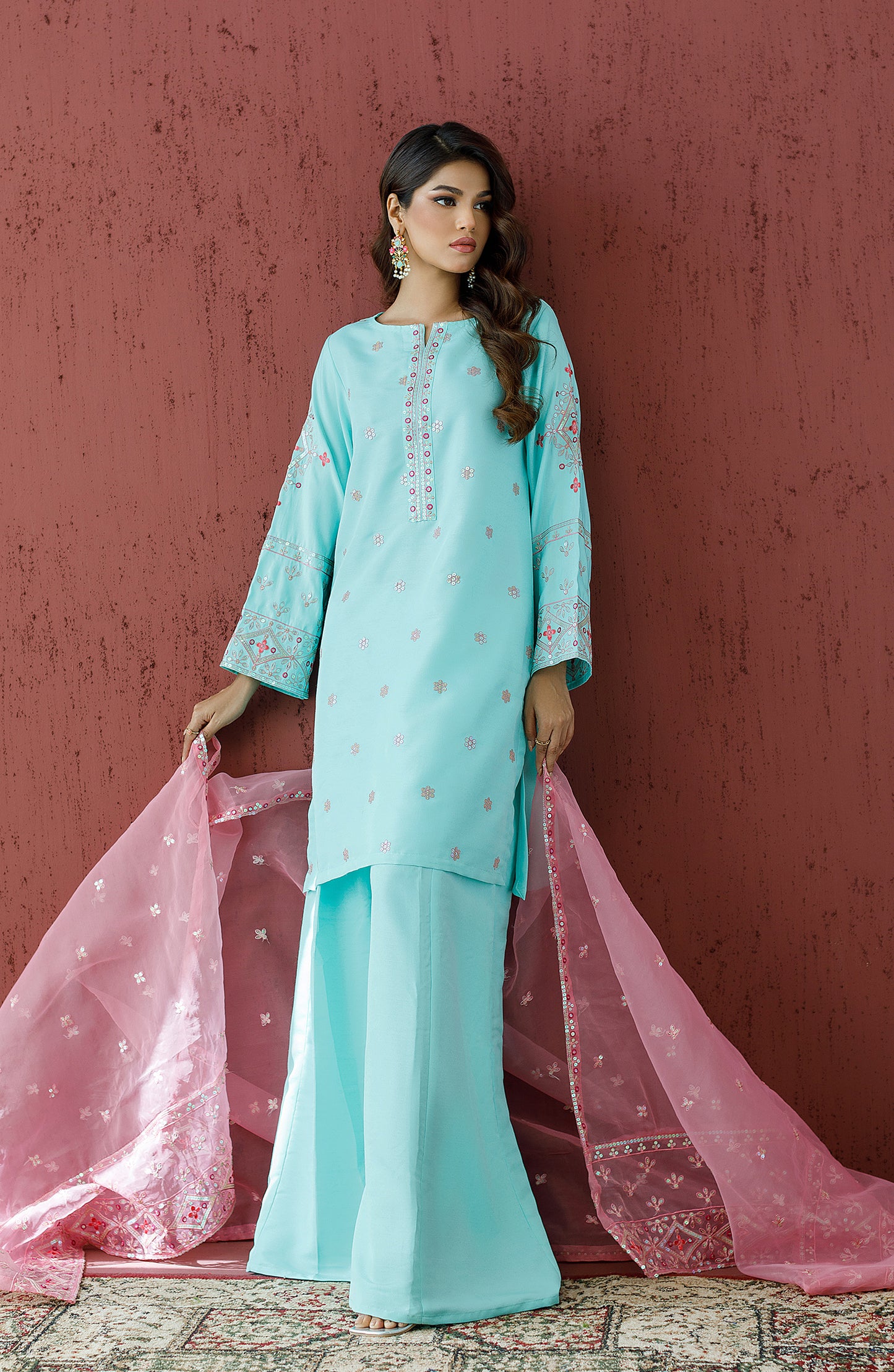 Stitched 3 Piece Embroidered Raw Silk Shirt , Raw Silk Pant and Organza Dupatta (WRFR23W-3011)