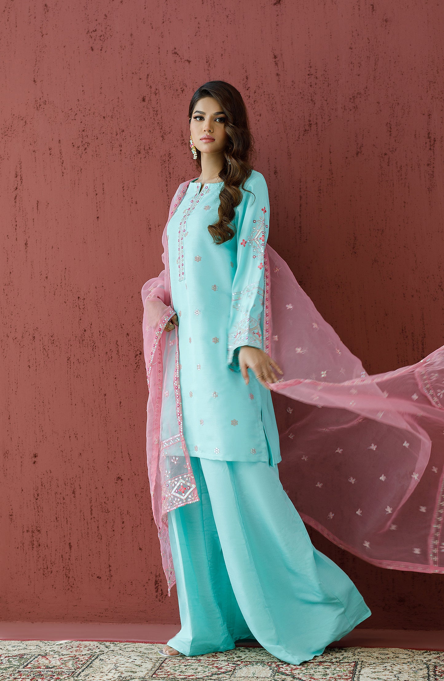 Stitched 3 Piece Embroidered Raw Silk Shirt , Raw Silk Pant and Organza Dupatta (WRFR23W-3011)