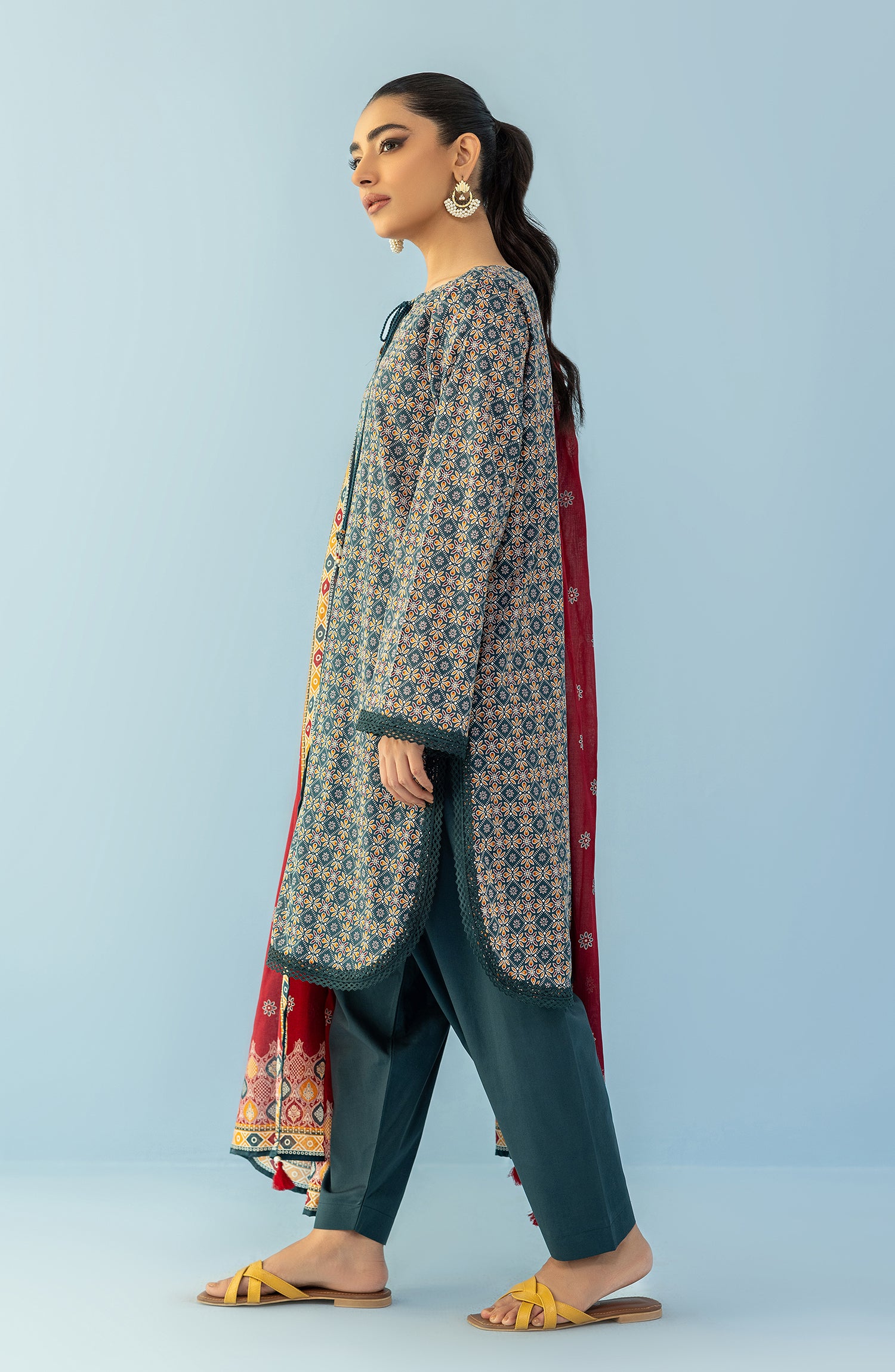 Stitched 3 Piece Printed Lawn Shirt , Cambric Pant and Lawn Dupatta (OTL-24-059/S GREEN)