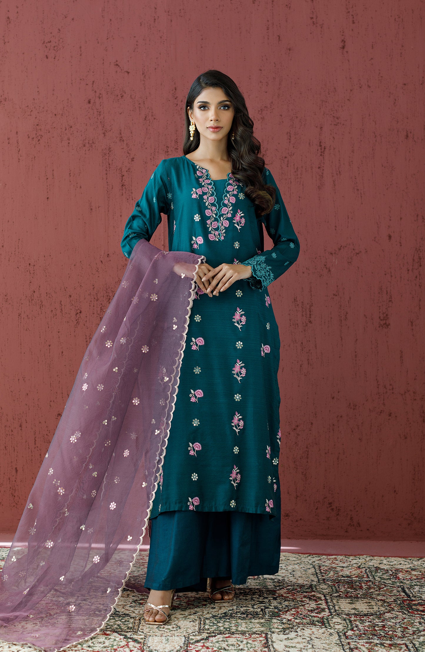 Stitched 3 Piece Embroidered Cotton Silk Shirt , Cotton Silk Pant and Organza Dupatta (WRFC23W-3004)