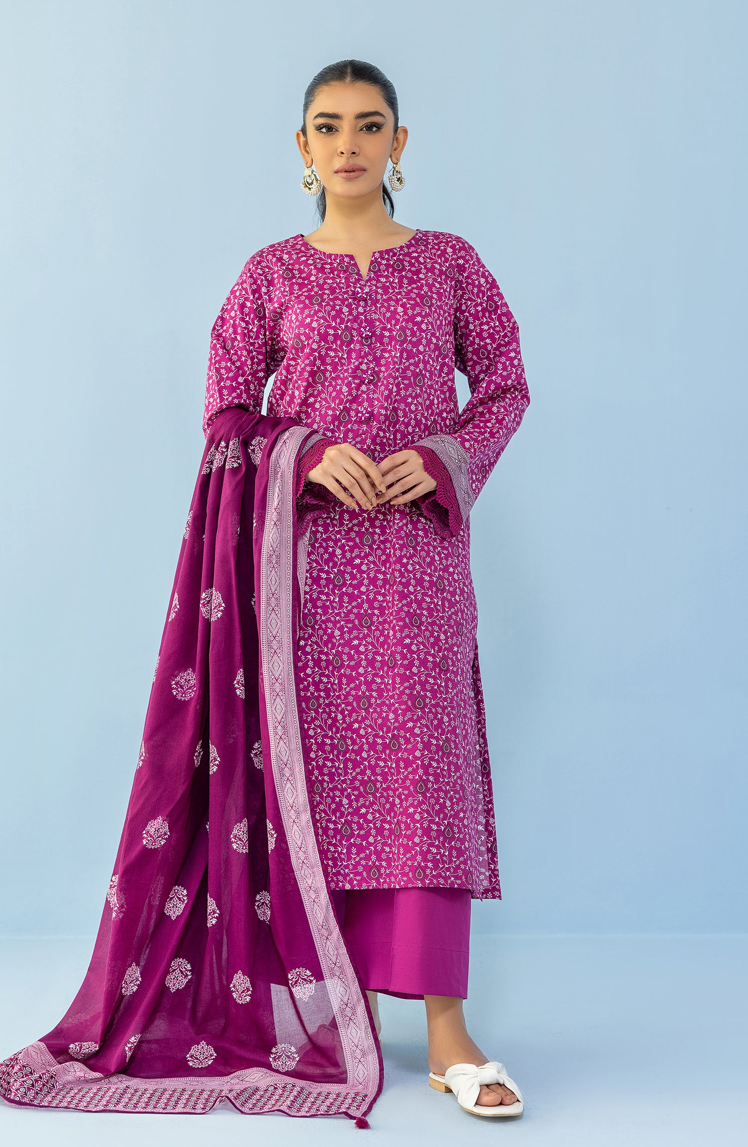 Stitched 3 Piece Printed Lawn Shirt , Cambric Pant and Lawn Dupatta (OTL-24-026/S PINK)