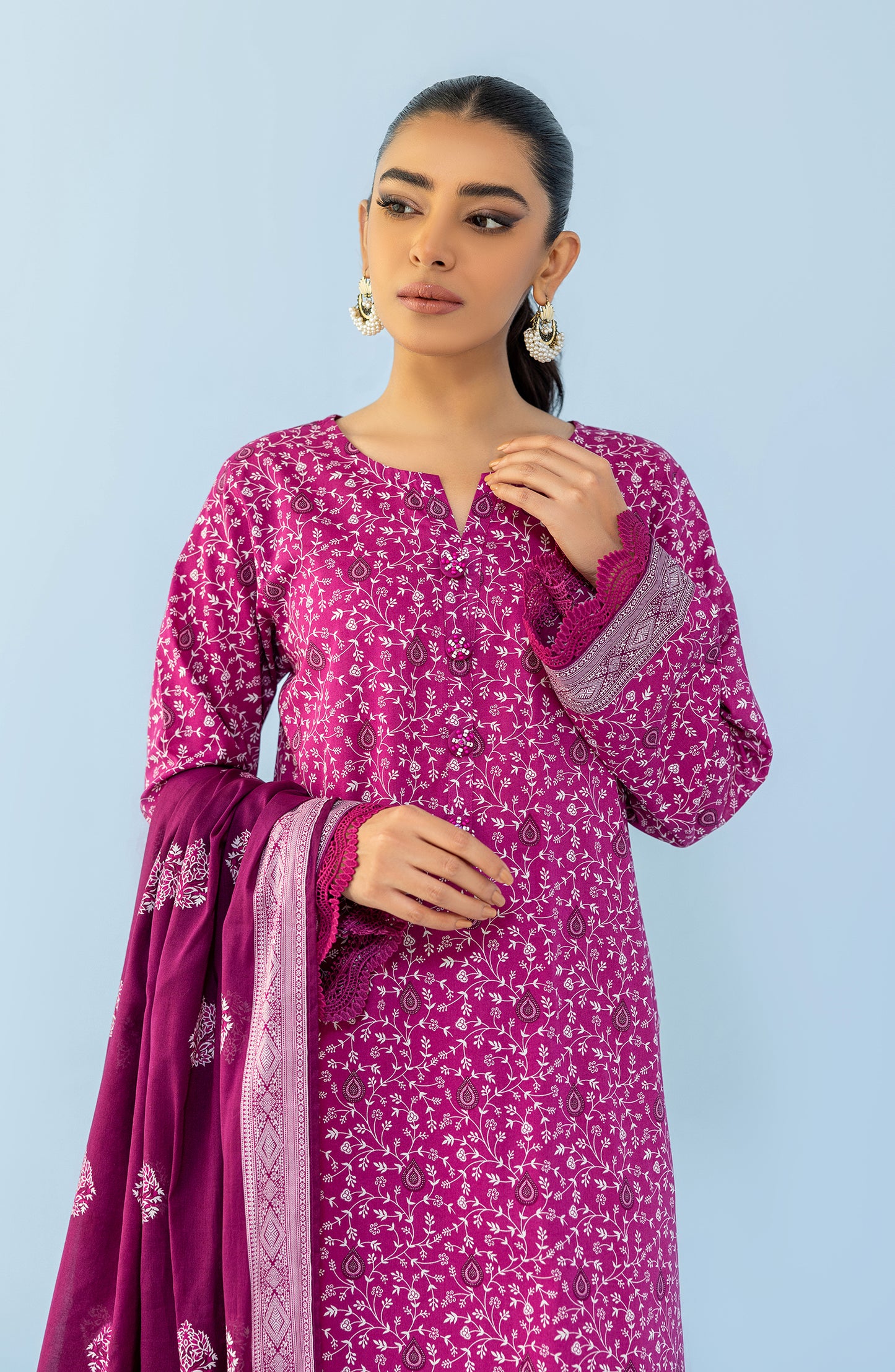 Stitched 3 Piece Printed Lawn Shirt , Cambric Pant and Lawn Dupatta (OTL-24-026/S PINK)
