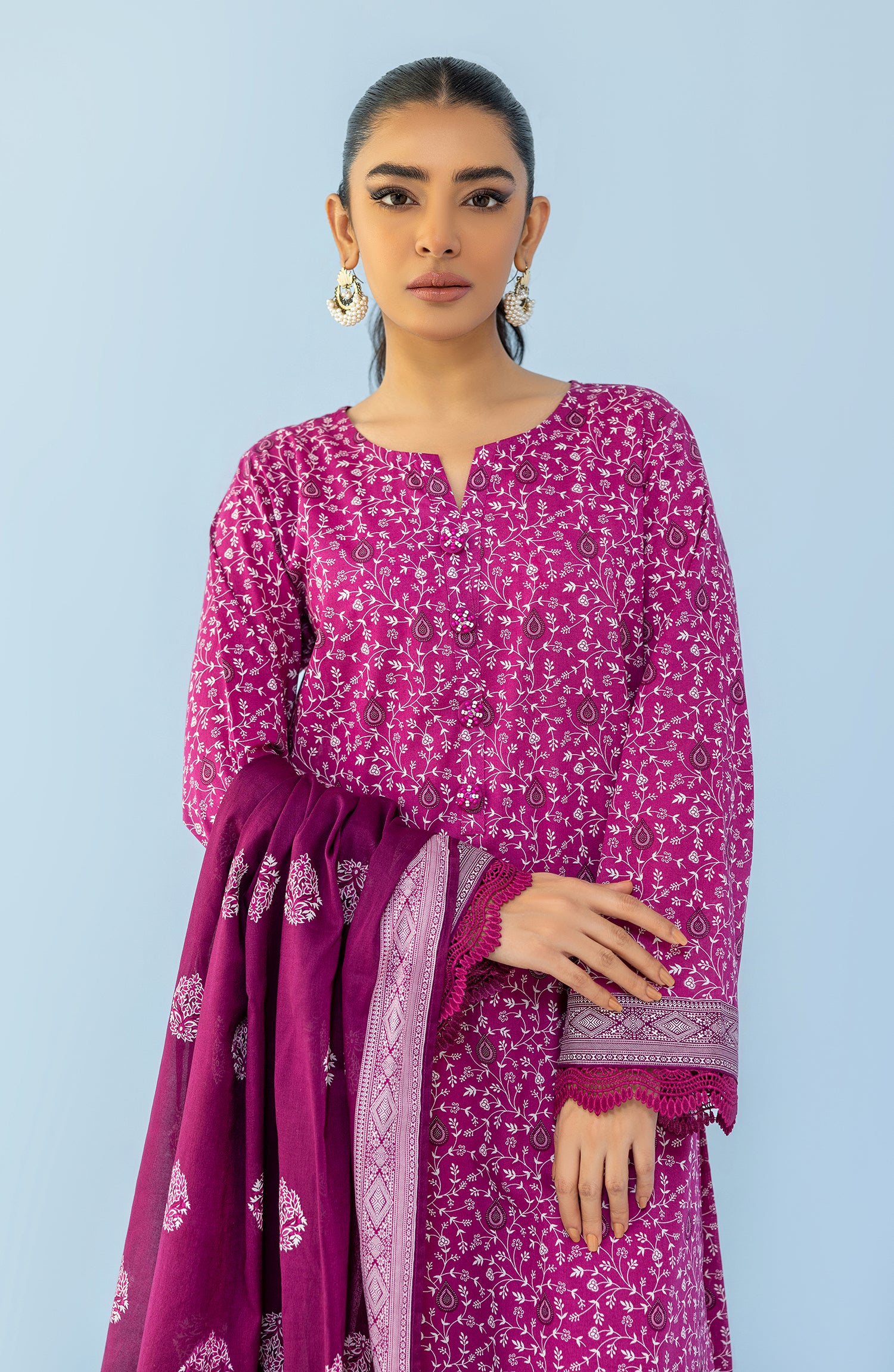 Stitched 3 Piece Printed Lawn Shirt , Cambric Pant and Lawn Dupatta (OTL-24-026/S PINK)