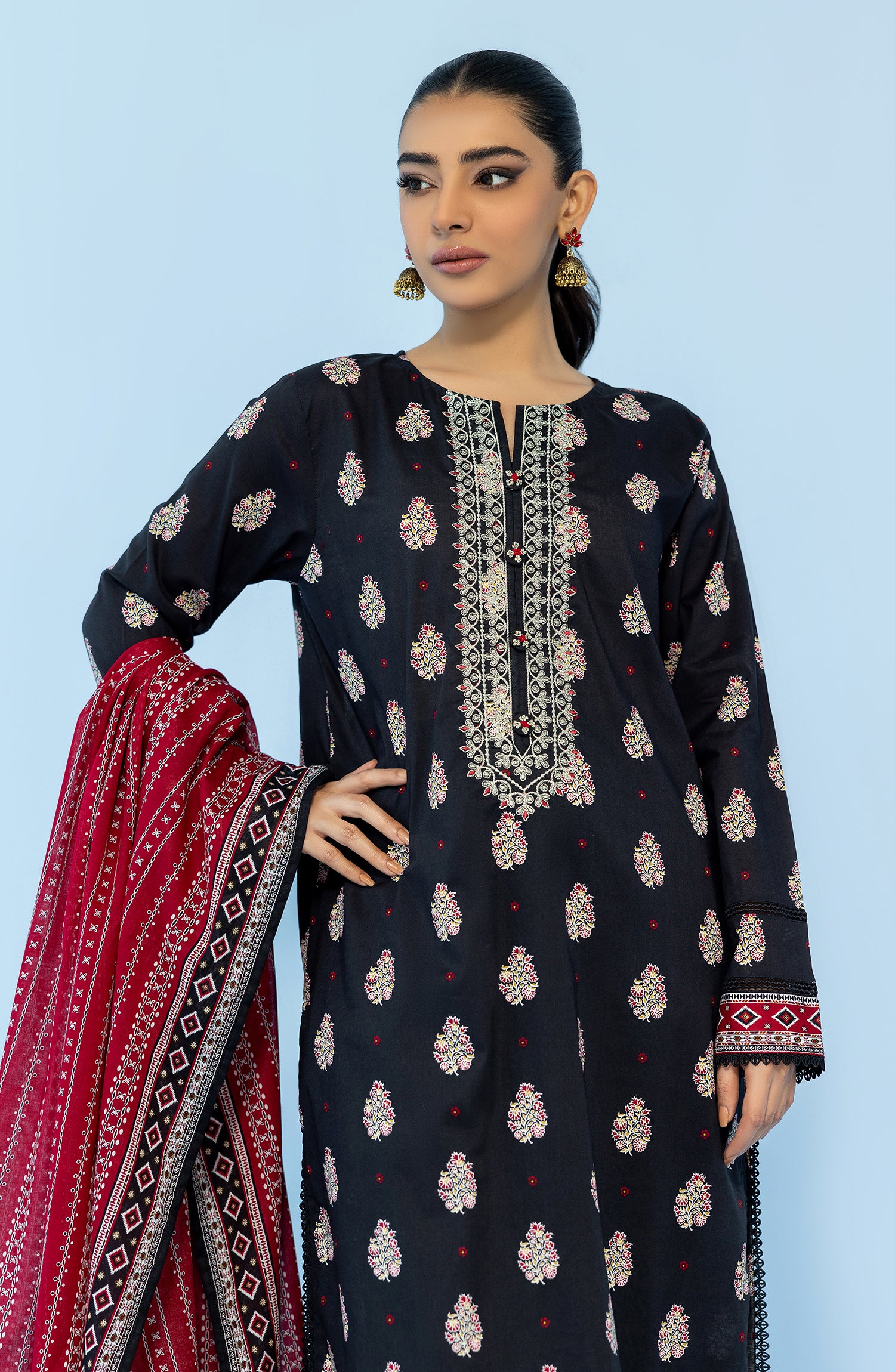 Stitched 3 Piece Printed Embroidered Lawn Shirt , Cambric Pant and Lawn Dupatta (OTL-24-009/S BLACK)