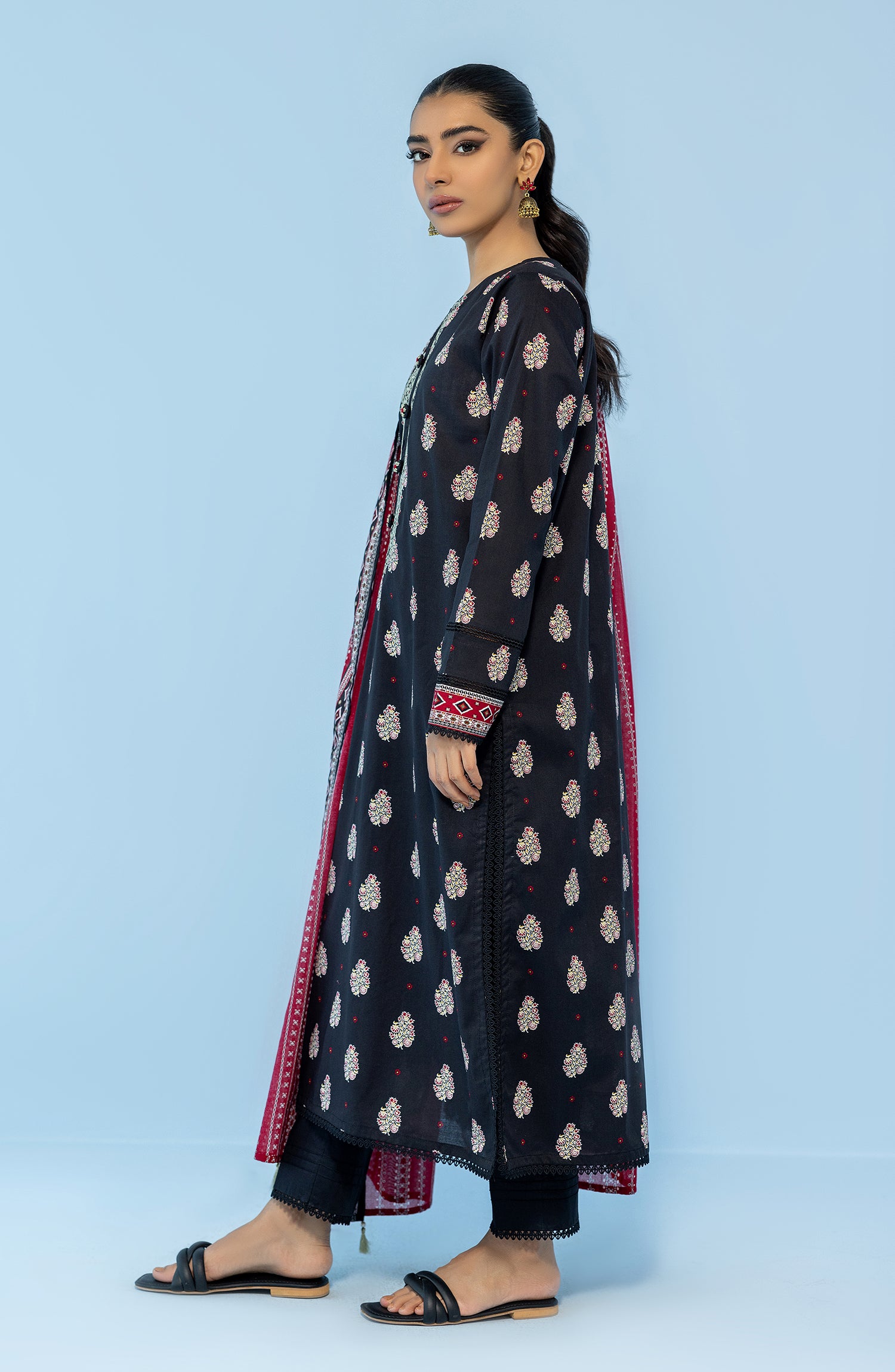 Stitched 3 Piece Printed Embroidered Lawn Shirt , Cambric Pant and Lawn Dupatta (OTL-24-009/S BLACK)