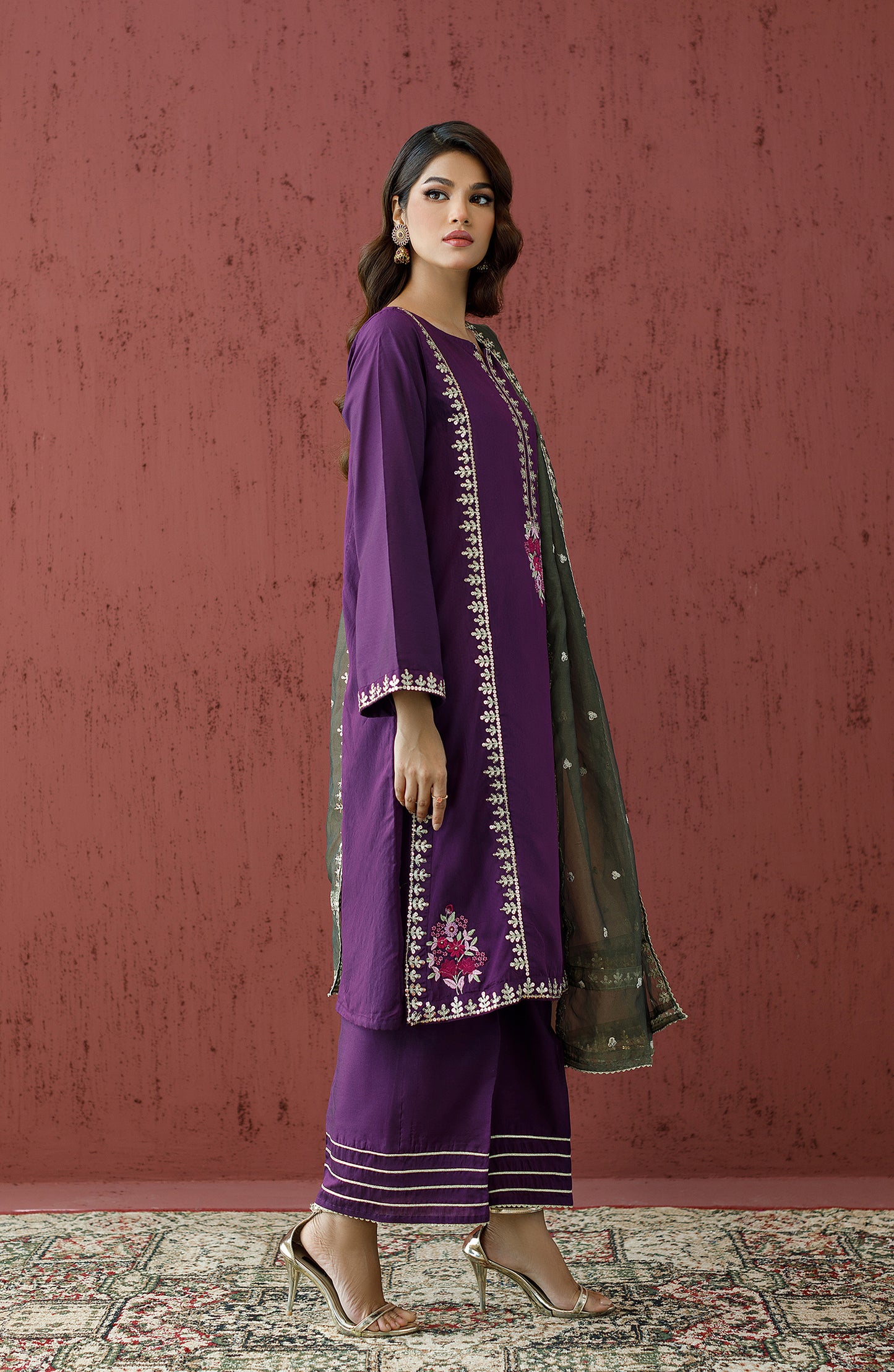 Stitched 3 Piece Embroidered Cotton Silk Shirt , Cotton Silk Pant and Organza Dupatta (WRFC23W-3005)