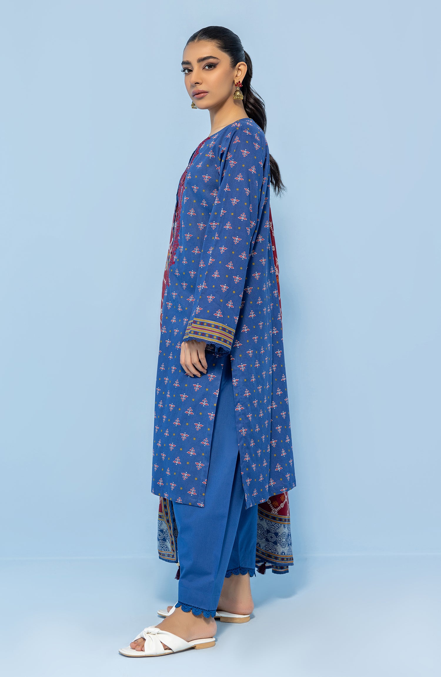 Stitched 3 Piece Printed Embroidered Lawn Shirt , Cambric Pant and Lawn Dupatta (OTL-24-019/S BLUE)
