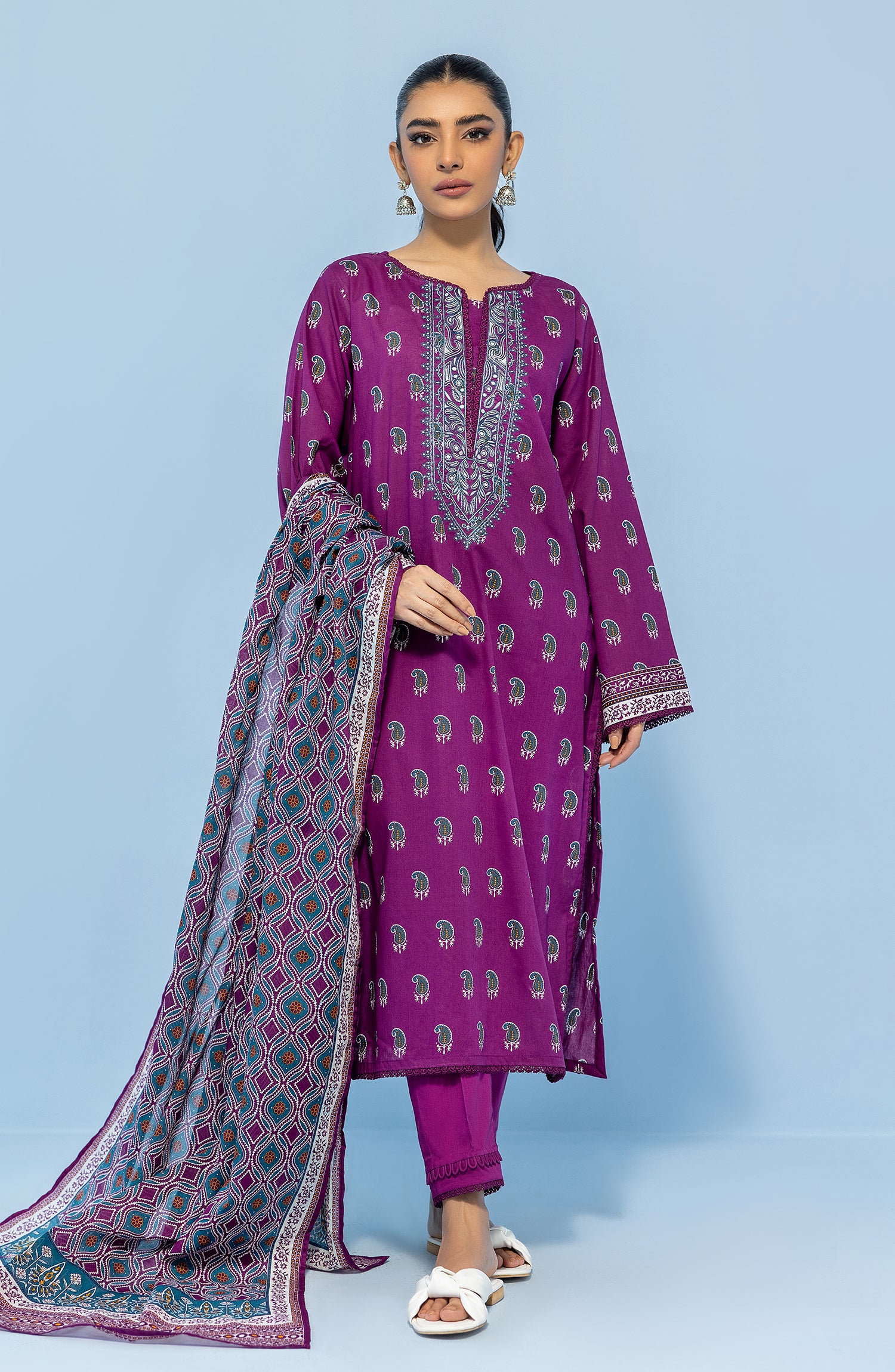 Stitched 3 Piece Printed Embroidered Lawn Shirt , Cambric Pant and Lawn Dupatta