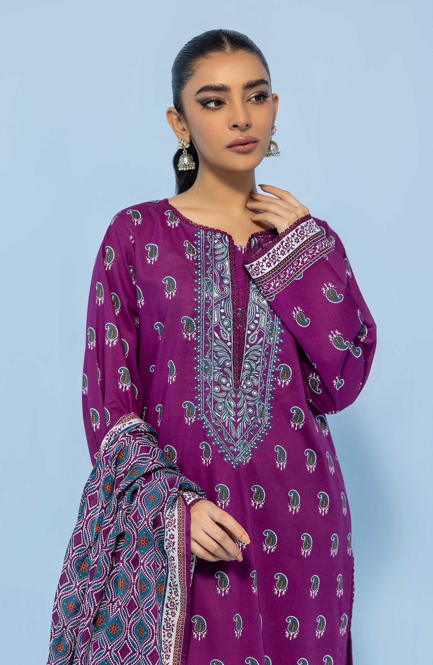 Stitched 3 Piece Printed Embroidered Lawn Shirt , Cambric Pant and Lawn Dupatta (OTL-24-022/S MAGENTA)