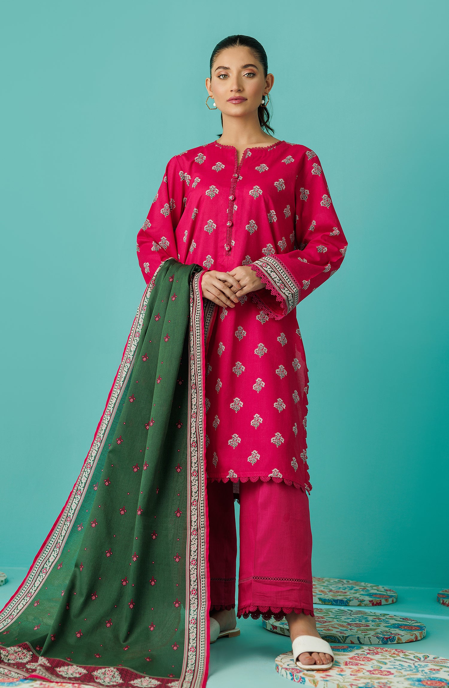 Unstitched 3 Piece Printed Lawn Shirt , Cambric Pant and Lawn Dupatta (OTL-24-014/U PINK)