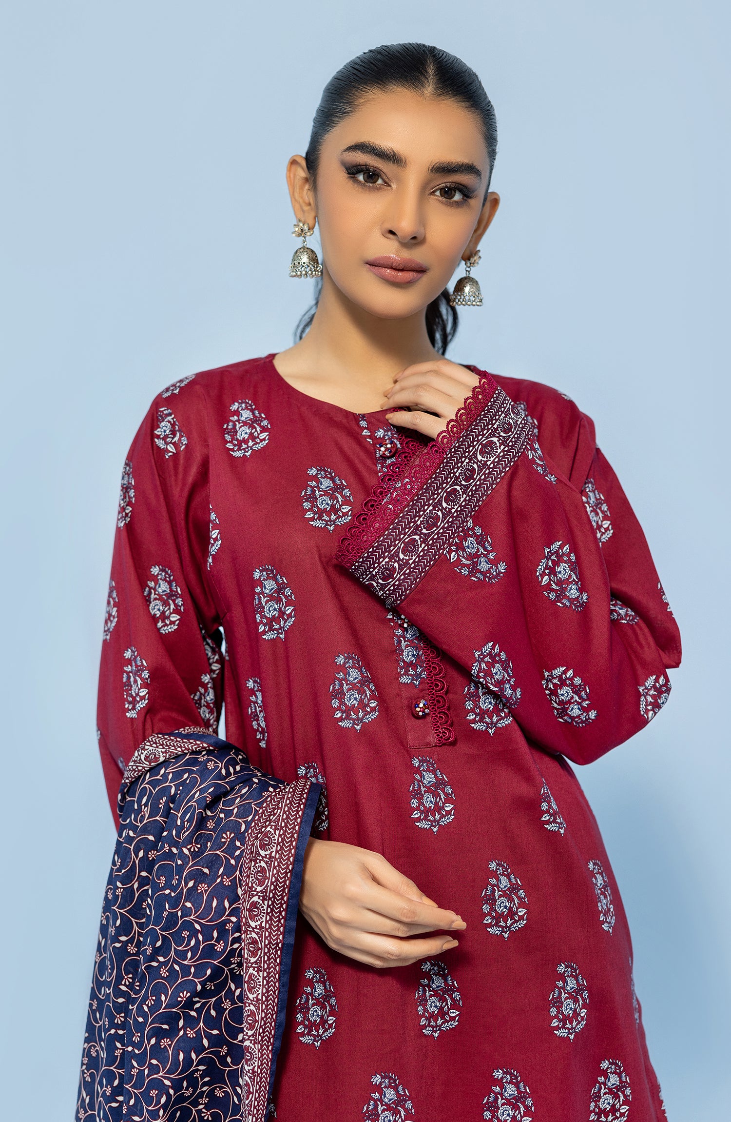 Stitched 3 Piece Printed Lawn Shirt , Cambric Pant and Lawn Dupatta (OTL-24-015/S MAROON)