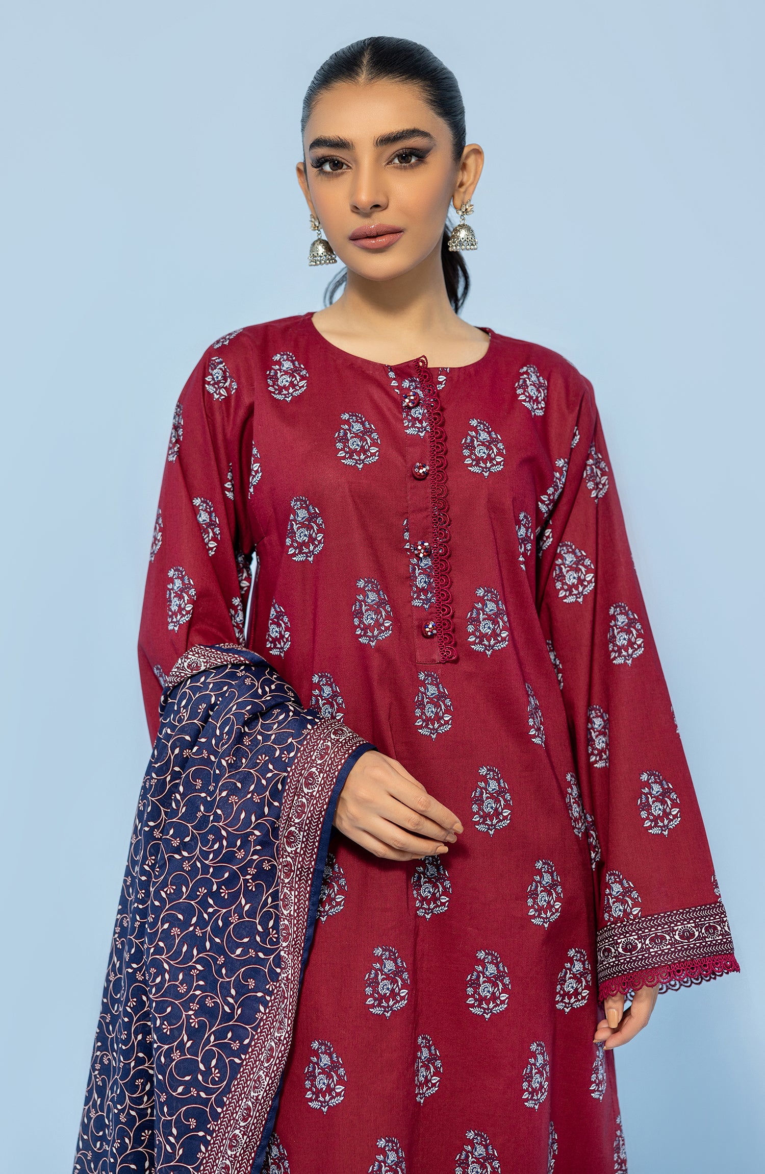 Stitched 3 Piece Printed Lawn Shirt , Cambric Pant and Lawn Dupatta (OTL-24-015/S MAROON)