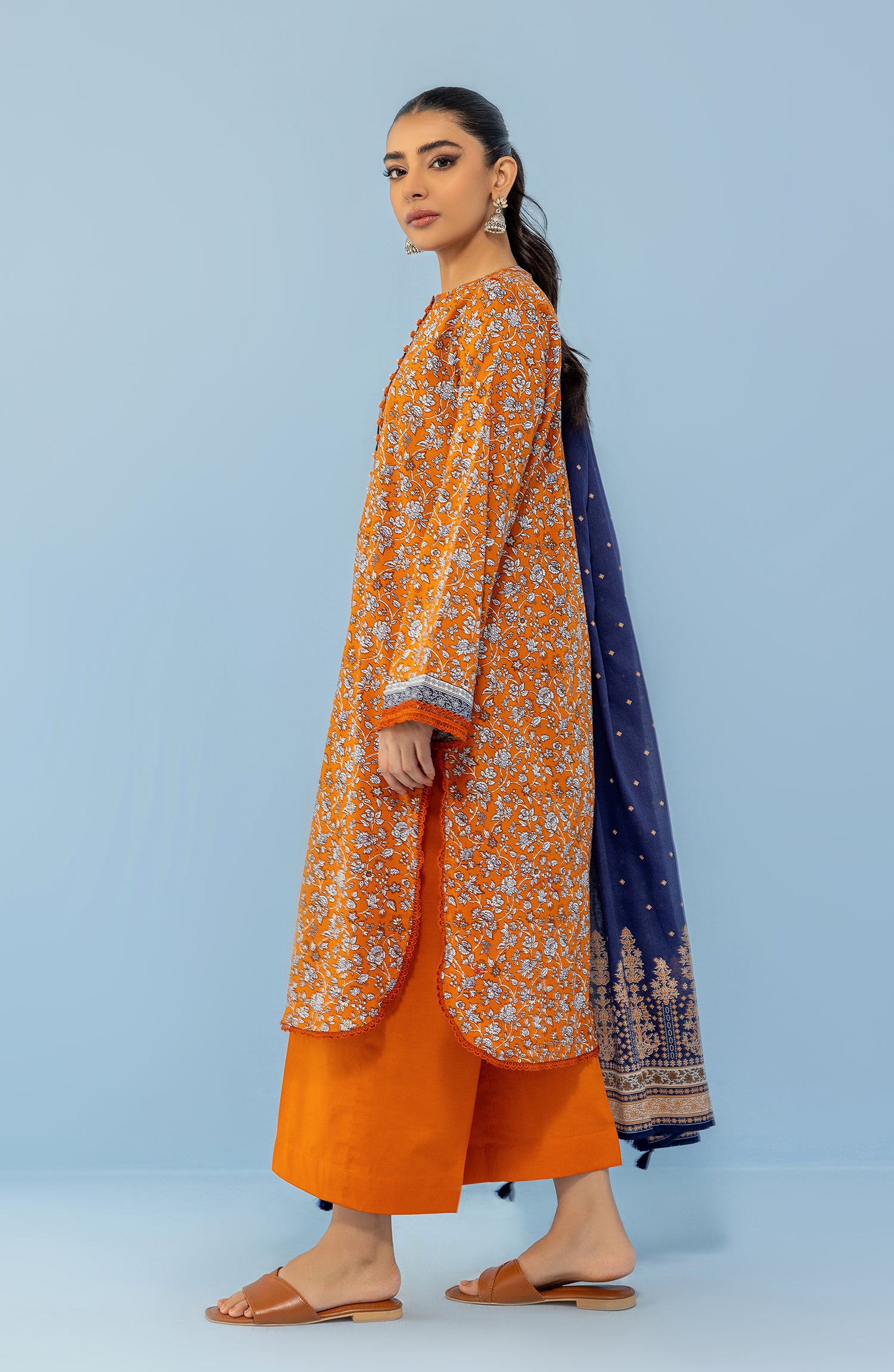 Stitched 3 Piece Printed Lawn Shirt , Cambric Pant and Lawn Dupatta (OTL-24-017/S OCHRE)