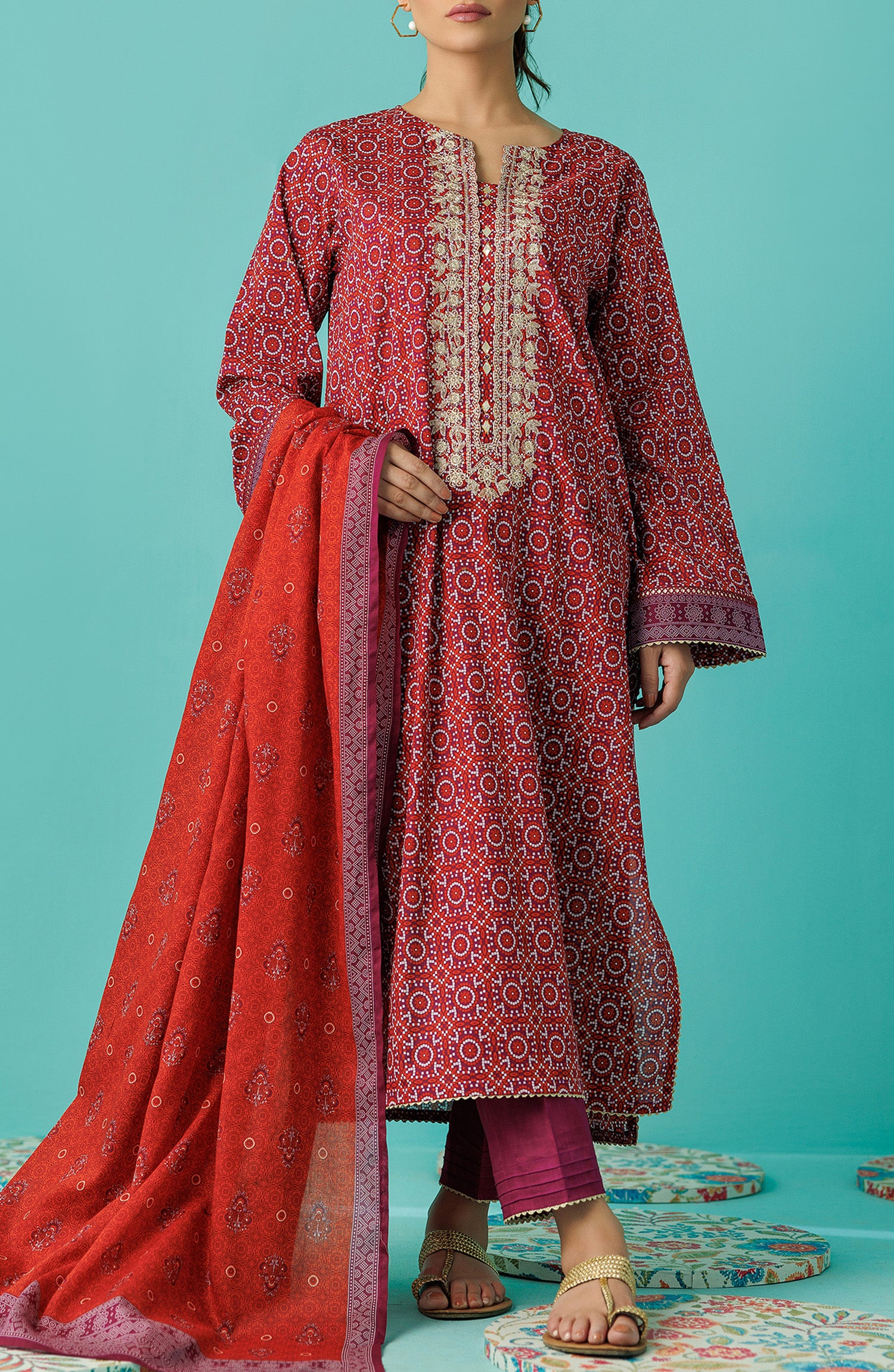 OTL-24-049/S MAROON LAWN Women READY TO WEAR SHIRT DUPATTA PANTS
