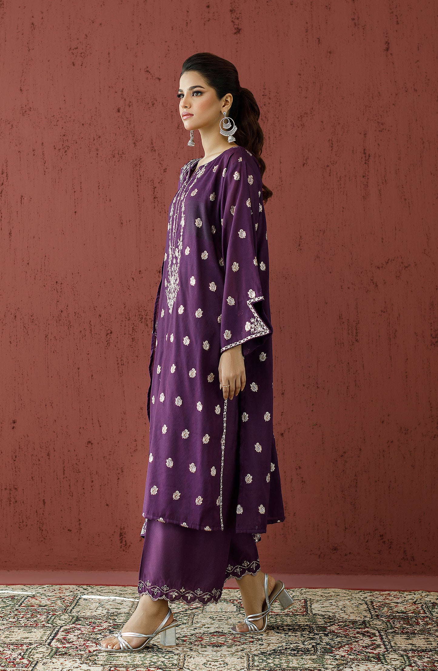 Stitched 3 Piece Embroidered Jacquard Shirt , Raw Silk Pant and Raw Silk Dupatta (OTLF-23-073/S PURPLE)