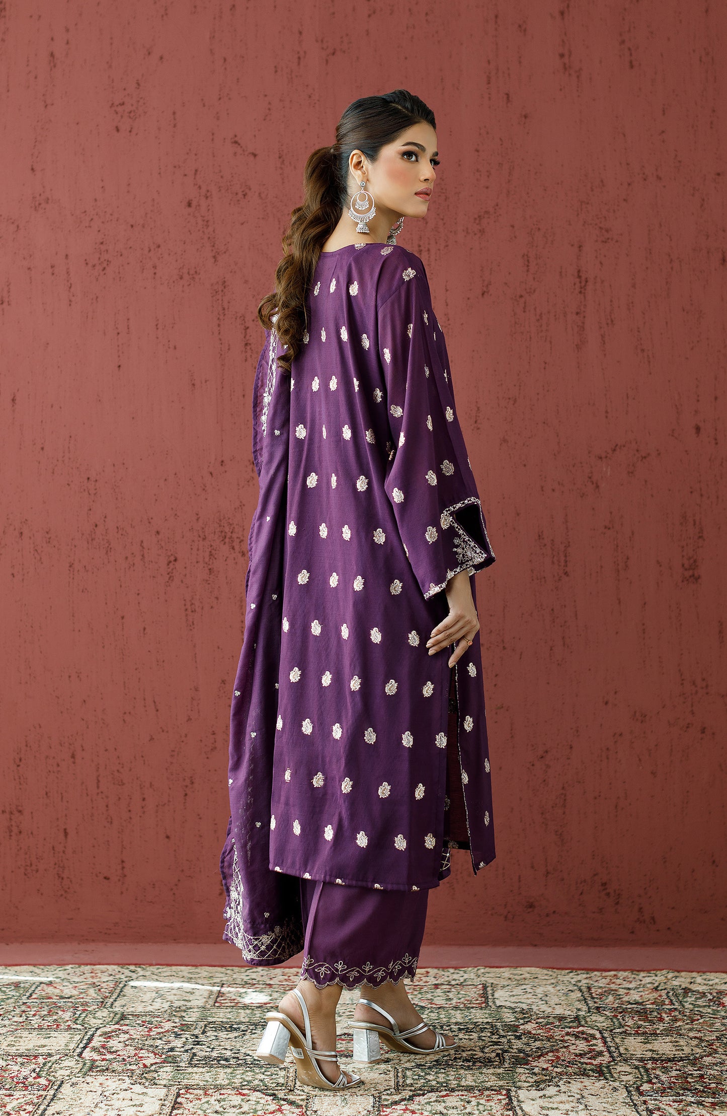 Stitched 3 Piece Embroidered Jacquard Shirt , Raw Silk Pant and Raw Silk Dupatta (OTLF-23-073/S PURPLE)