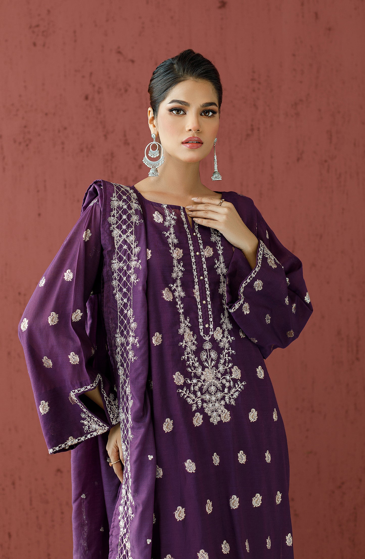 Stitched 3 Piece Embroidered Jacquard Shirt , Raw Silk Pant and Raw Silk Dupatta (OTLF-23-073/S PURPLE)