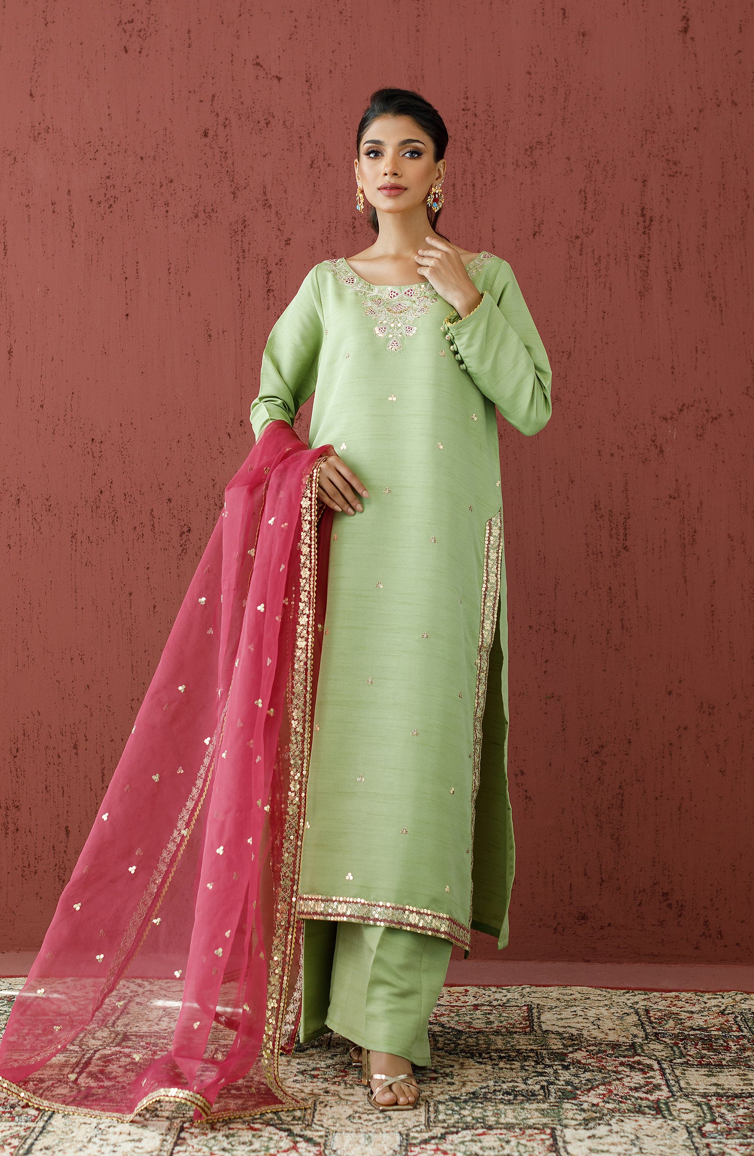 Stitched 3 Piece Embroidered Raw Silk Shirt , Raw Silk Pant and Organza Dupatta (WRFR23W-3010)