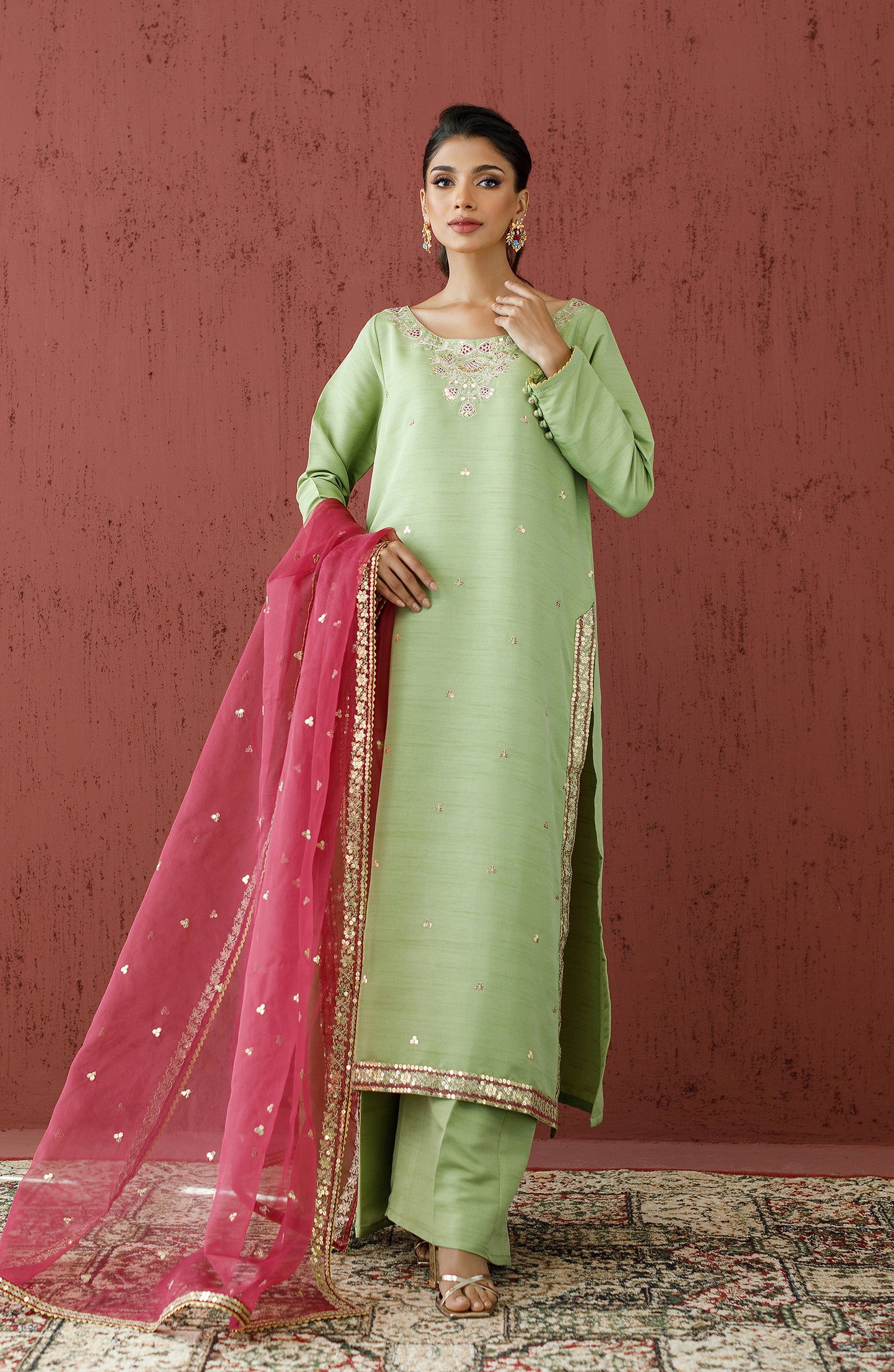 Stitched 3 Piece Embroidered Raw Silk Shirt , Raw Silk Pant and Organza Dupatta (WRFR23W-3010)