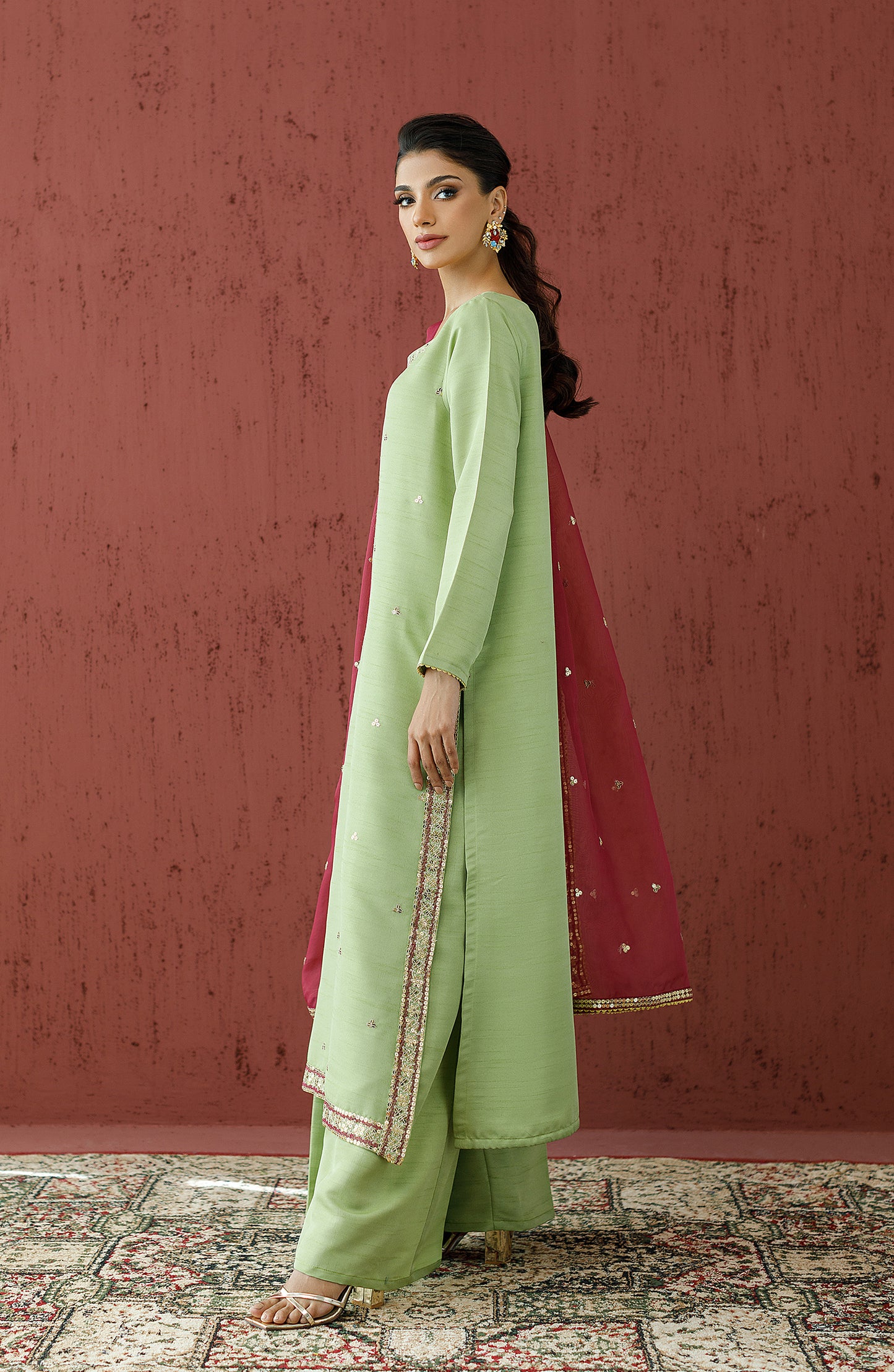 Stitched 3 Piece Embroidered Raw Silk Shirt , Raw Silk Pant and Organza Dupatta (WRFR23W-3010)